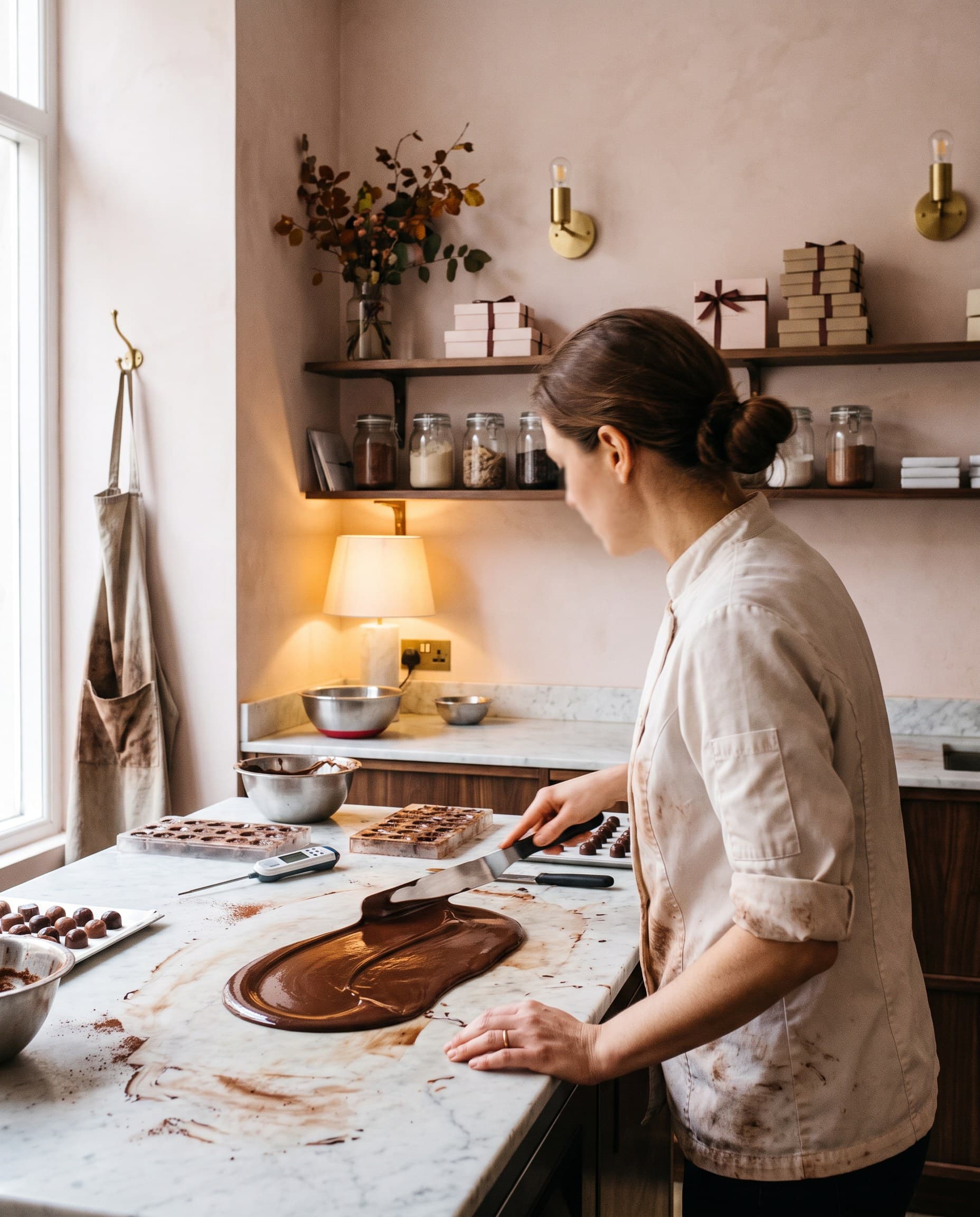 Ondine à son plan de travail, dans l'atelier baigné de lumière