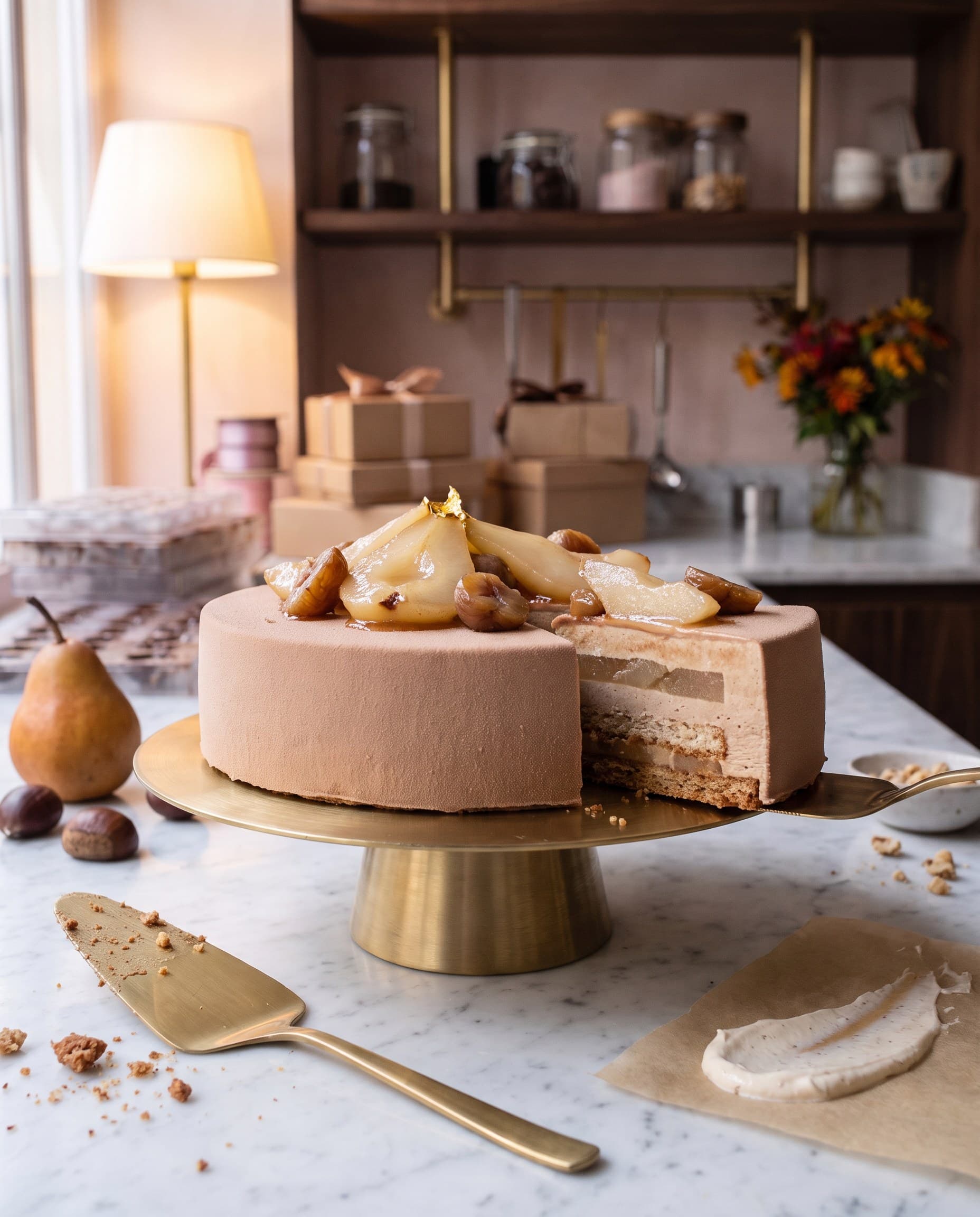 L'entremets signature poire-marron, une part découpée, sur un plat doré