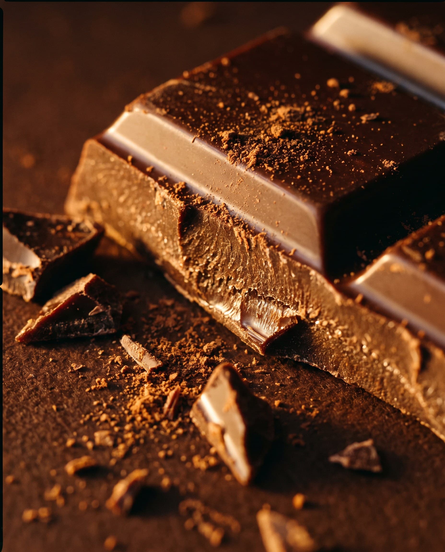 Gros plan sur une tablette de chocolat au lait praliné cassée, éclats et poudre de cacao