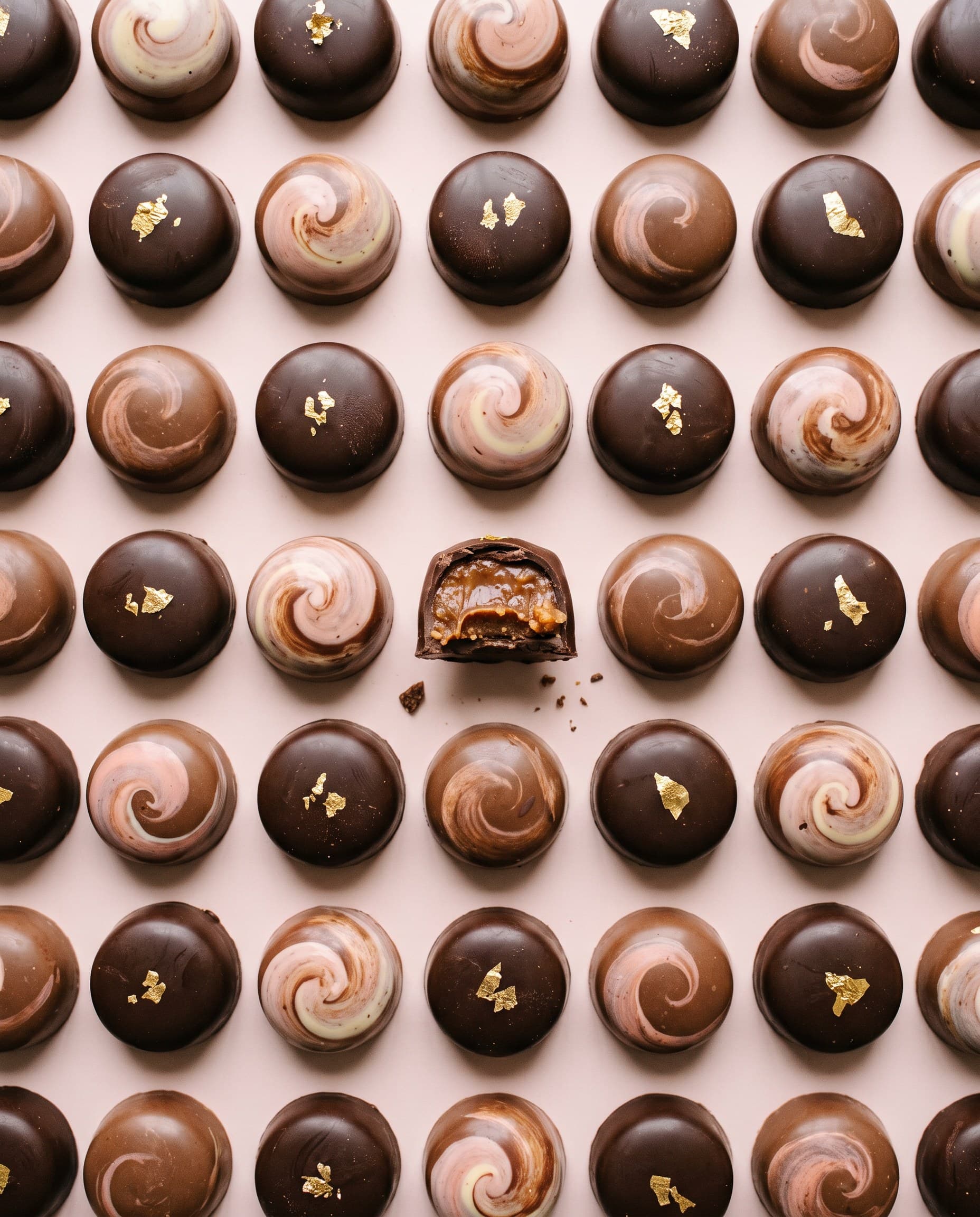 Vue de dessus : bonbons de chocolat alignés en rangs, l'un coupé sur sa ganache