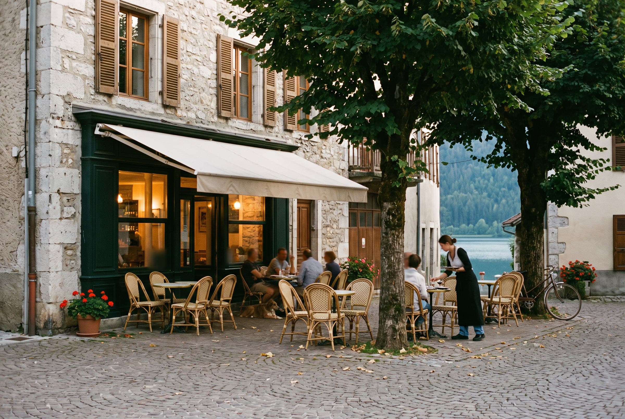 La façade vert bouteille et la terrasse sous les deux ormes, le lac au fond
