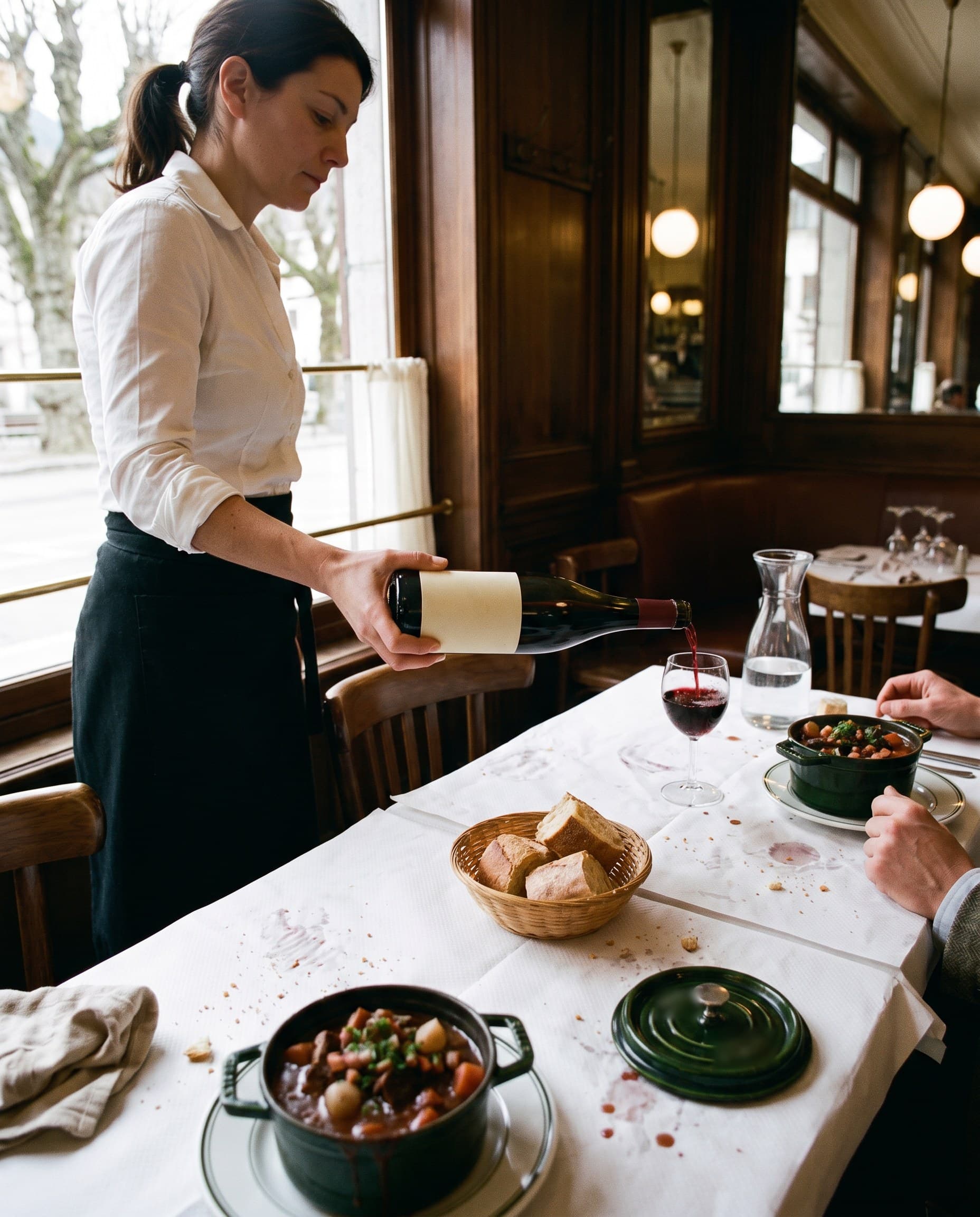 Clara sert le vin à table