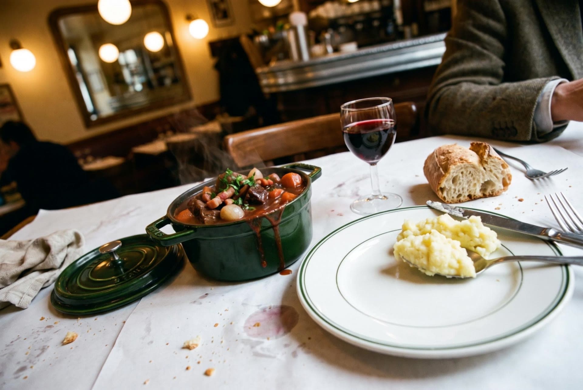 Un morceau de pain trempé dans la sauce d'un bœuf bourguignon, sur une table du bistrot