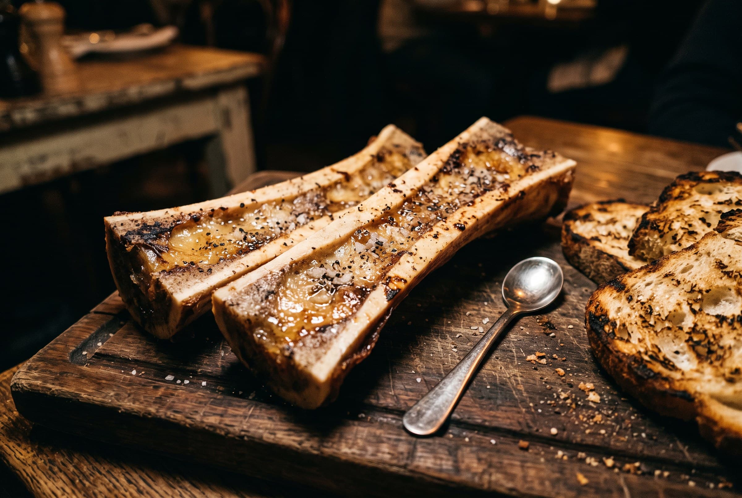 Os à moelle rôtis et pain grillé sur une planche