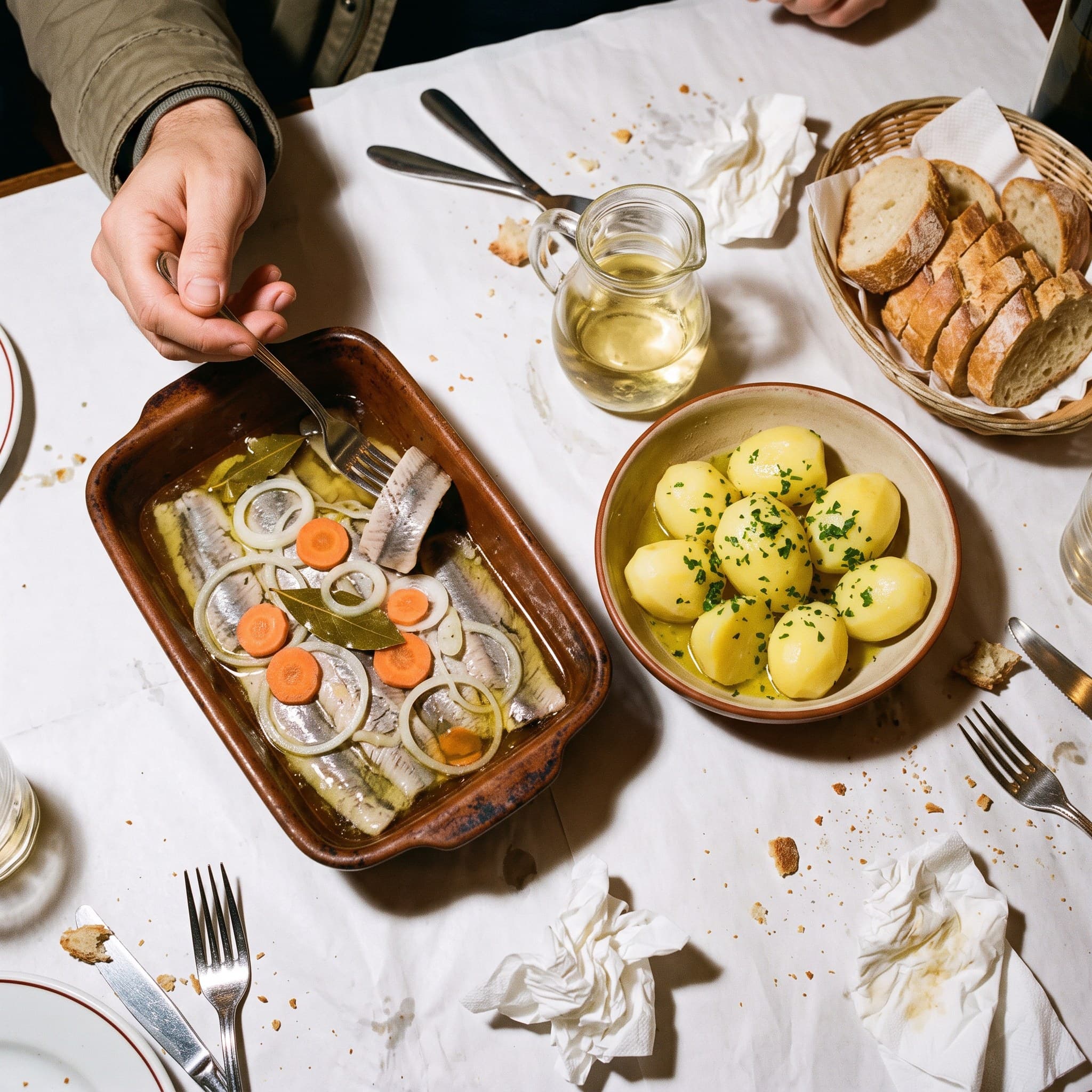 Harengs marinés, oignons et carottes, pommes de terre à l'huile