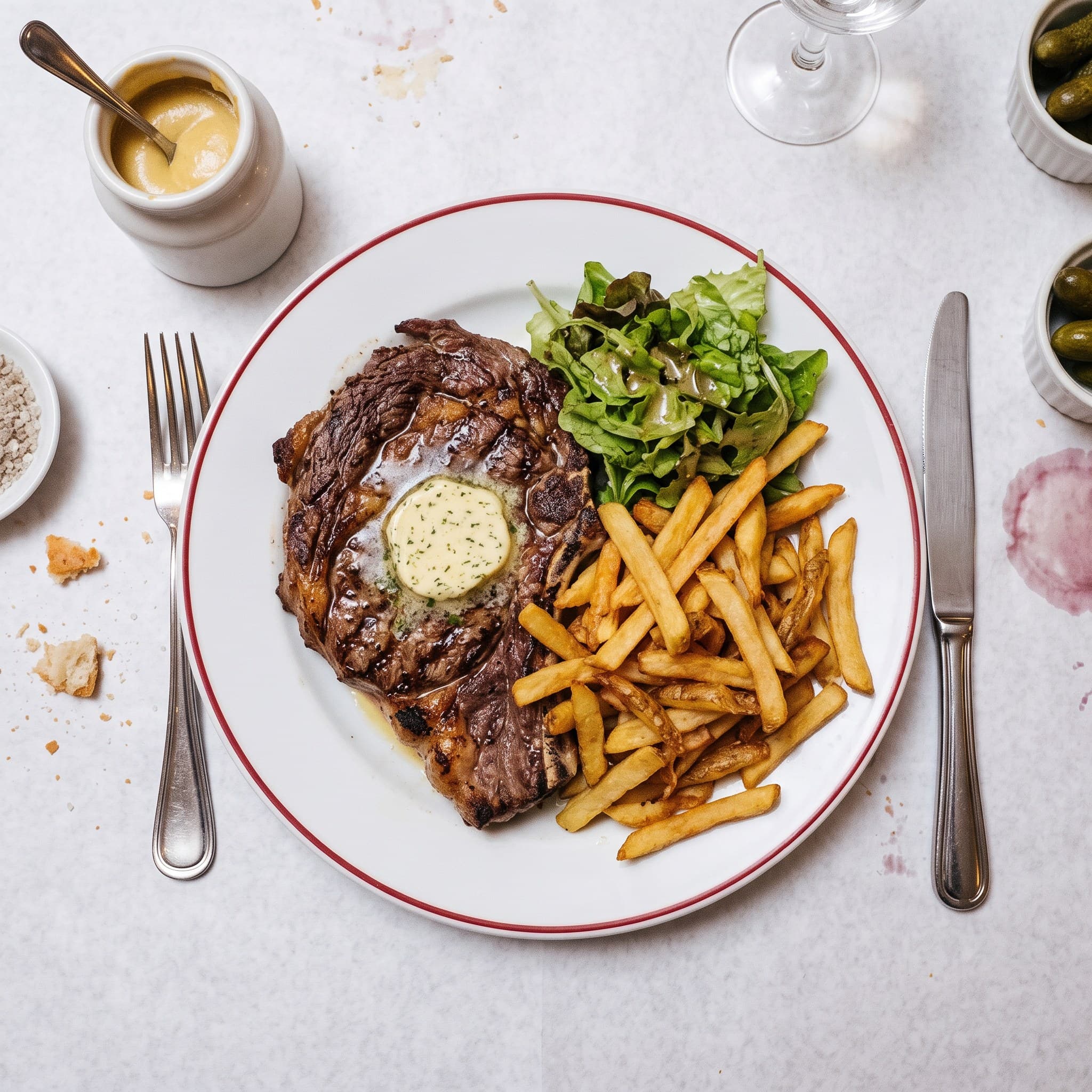 Steak frites, beurre maître d'hôtel et salade
