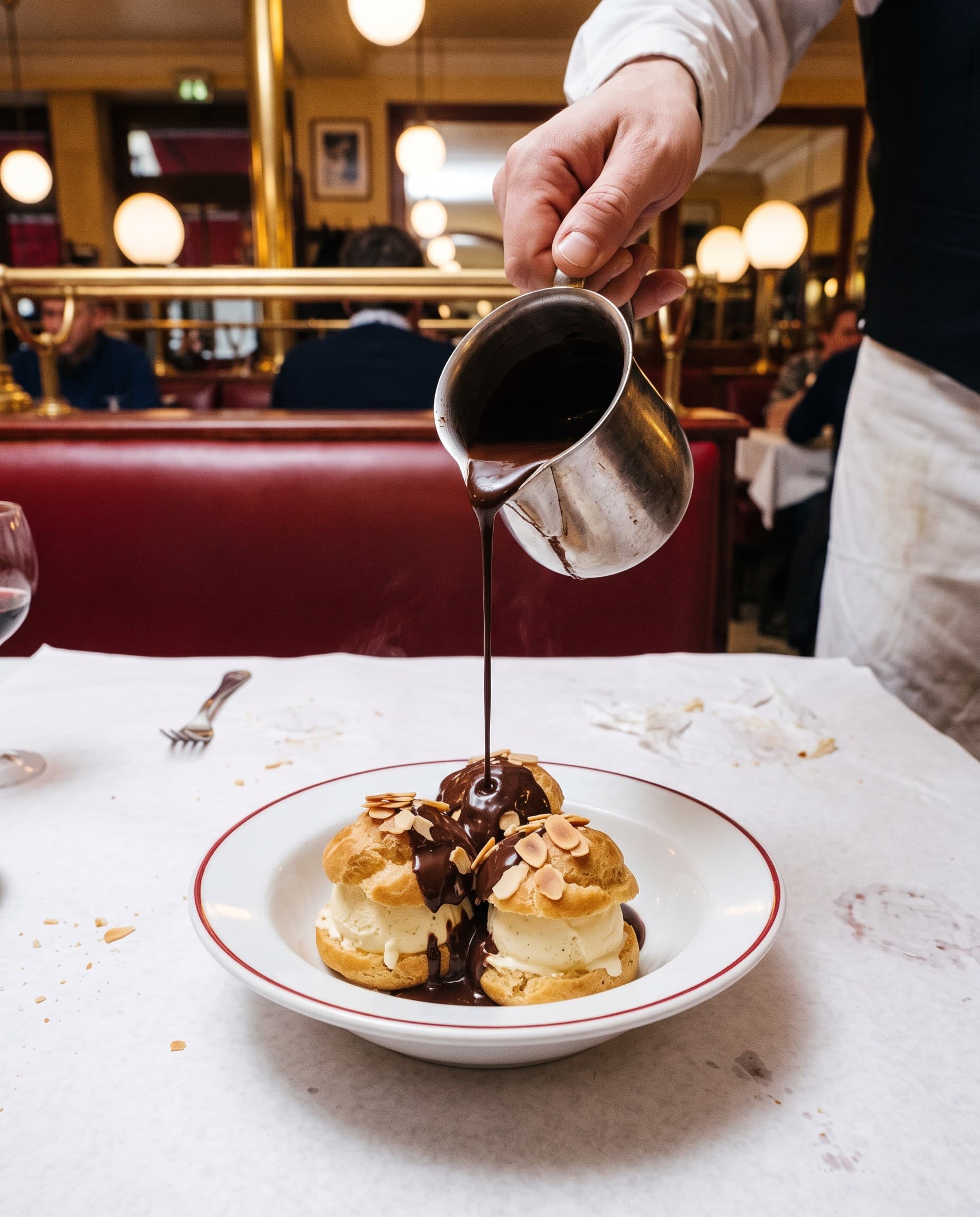 Le serveur nappe les profiteroles de chocolat chaud