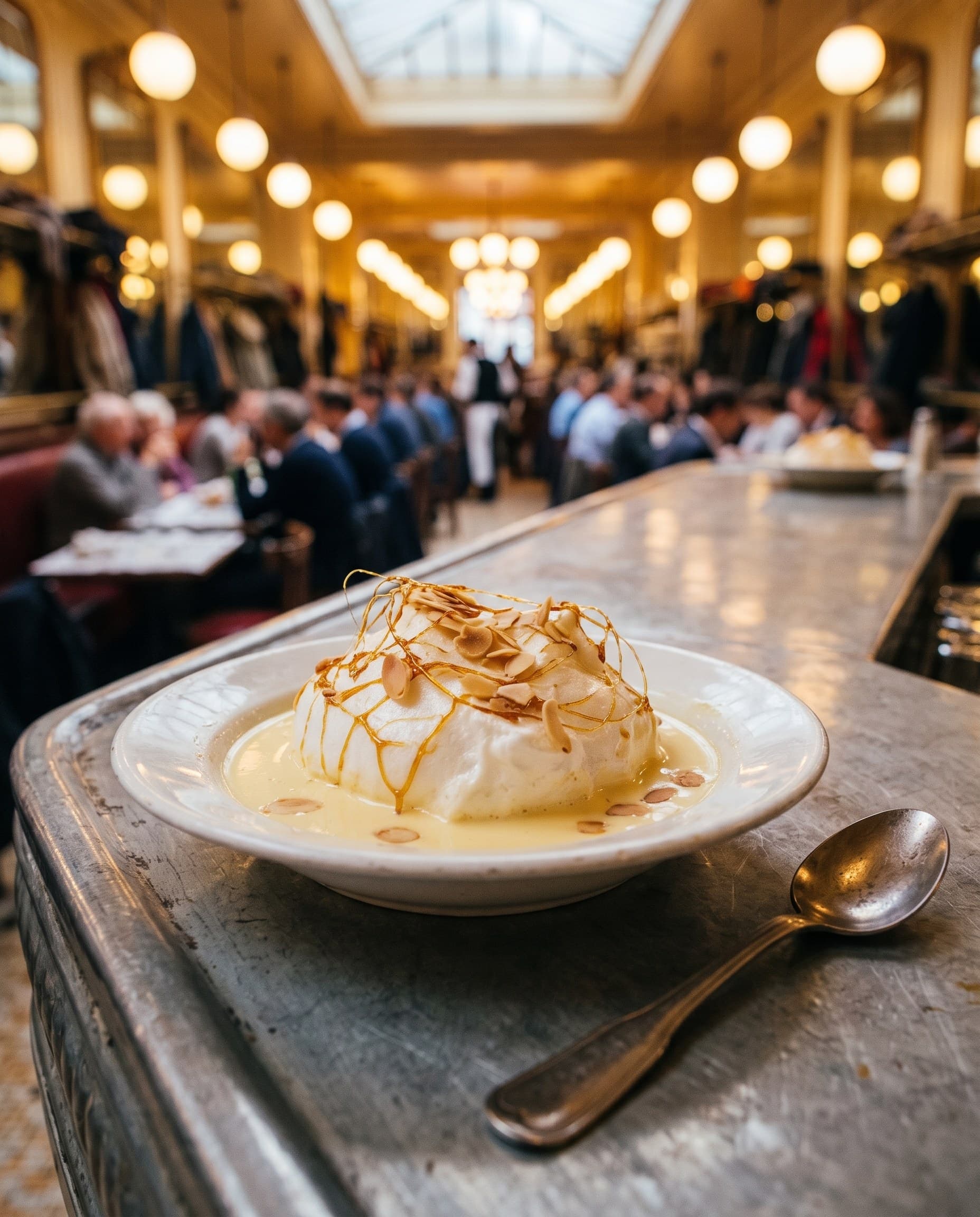 Île flottante, caramel et amandes, sur le comptoir