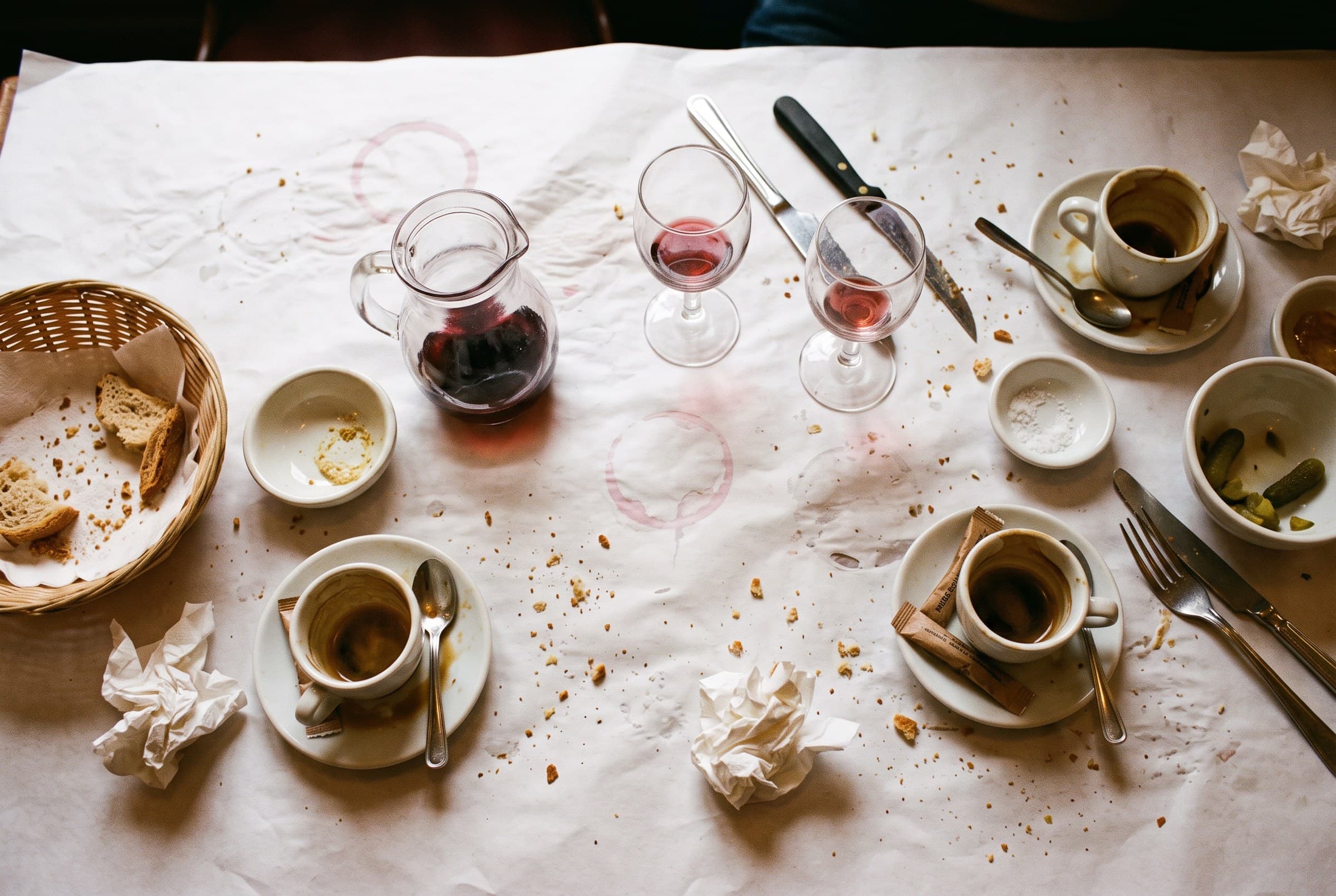 Une table en fin de repas : tasses de café, pichet vide et miettes sur la nappe en papier