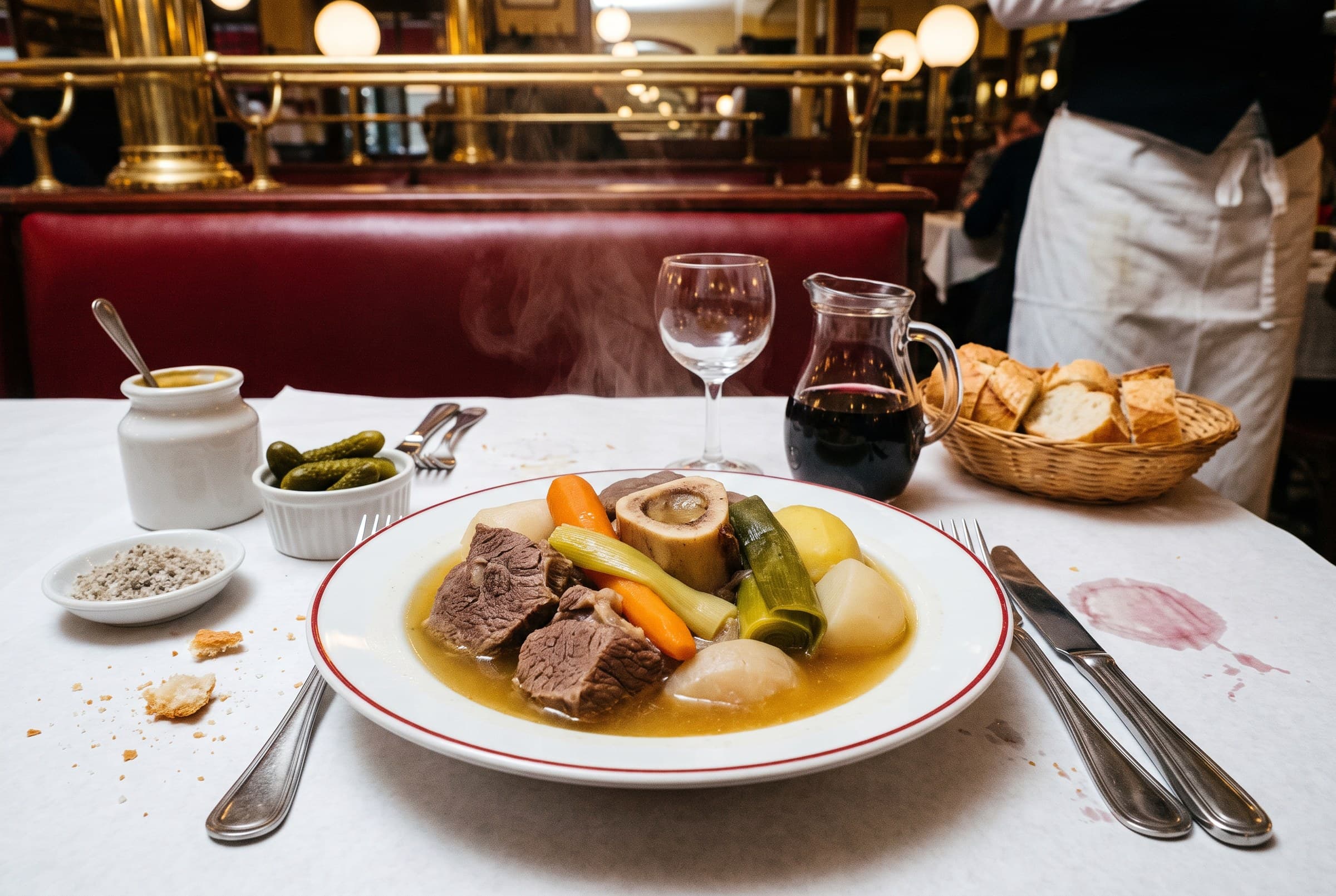 Le pot-au-feu fumant, ses légumes et son os à moelle, avec cornichons et gros sel