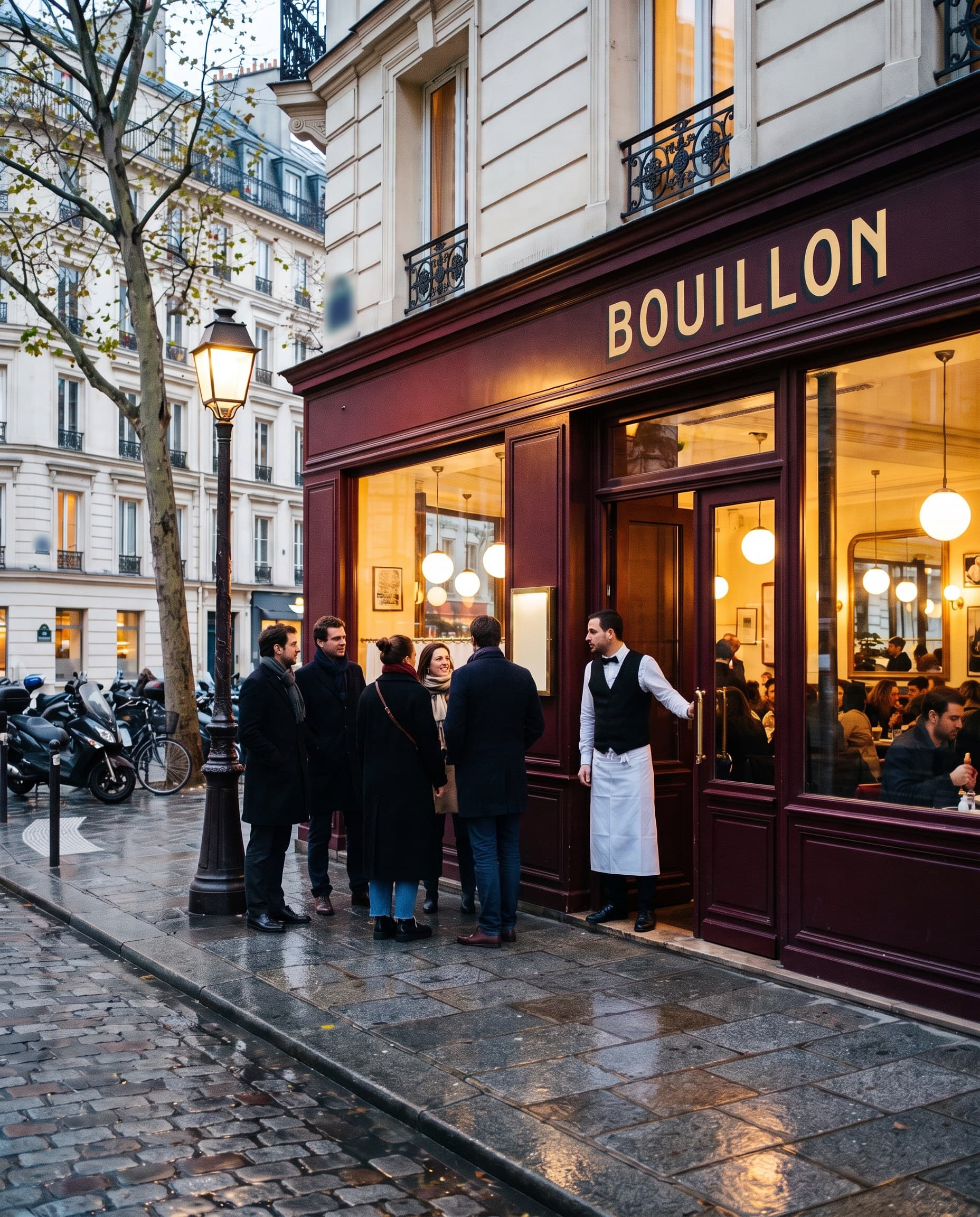 La devanture bordeaux « Bouillon » et la file d'attente sur le trottoir