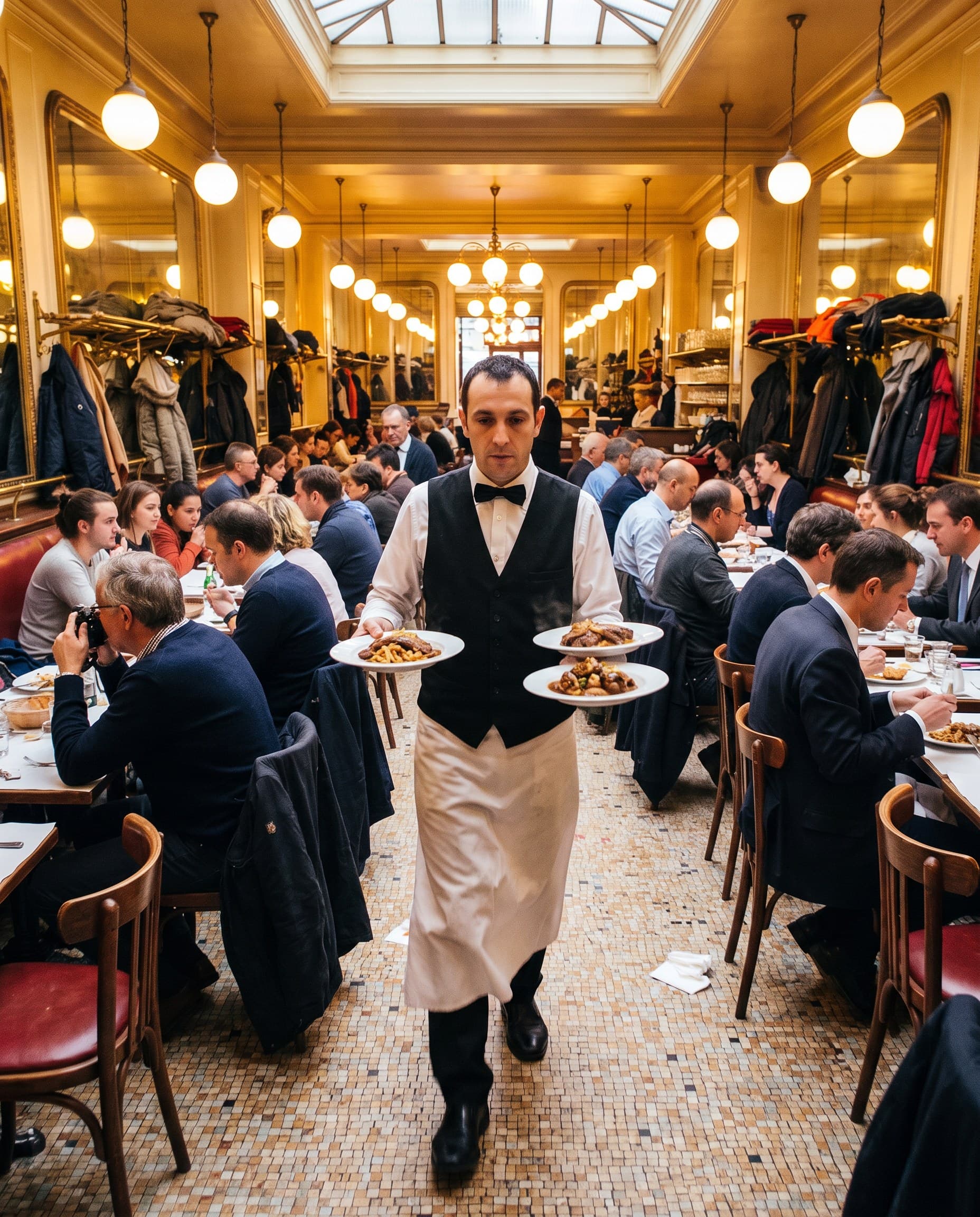Un serveur traverse la salle, les assiettes en équilibre sur le bras