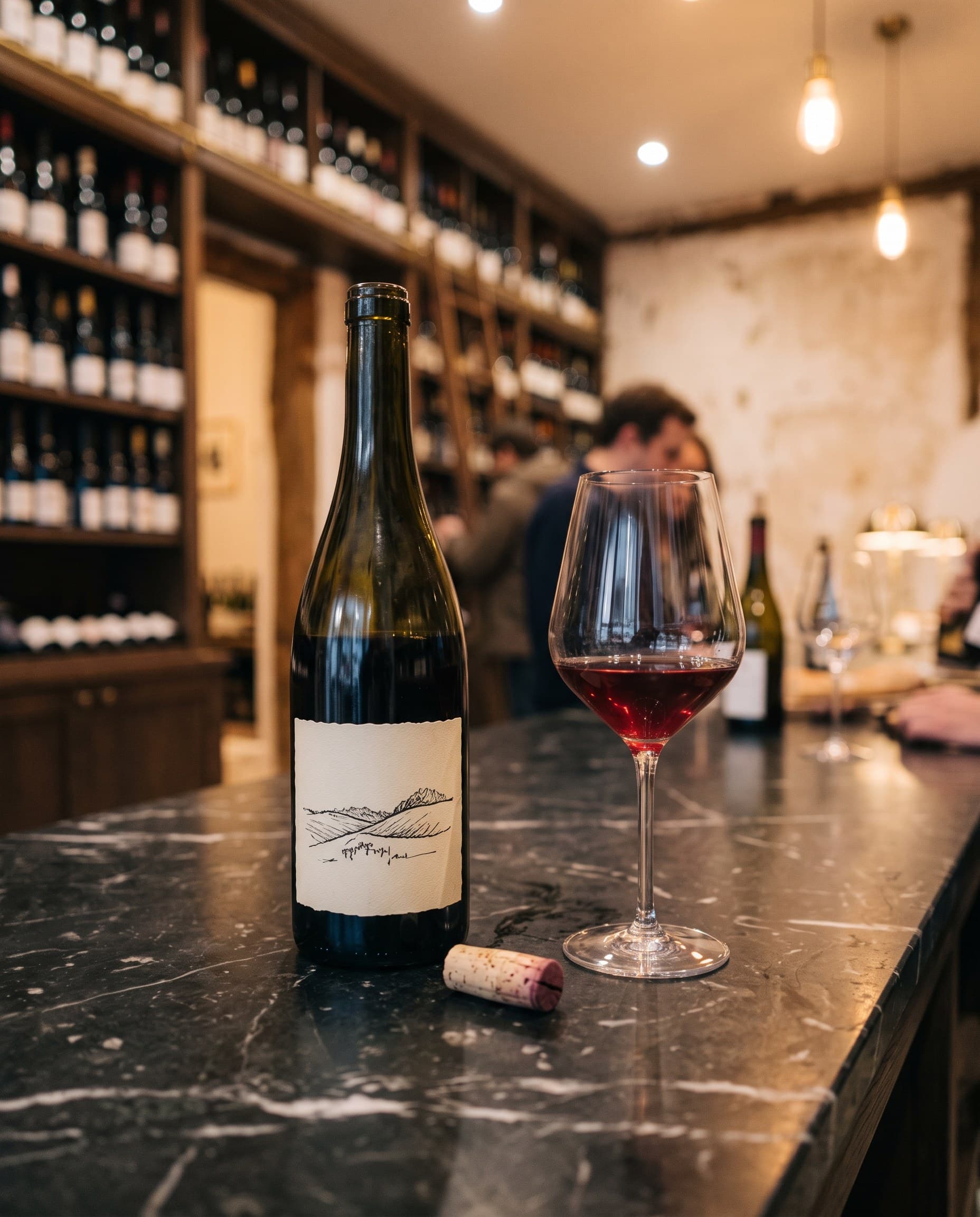 Une bouteille de rouge de Loire et un verre servi sur le comptoir