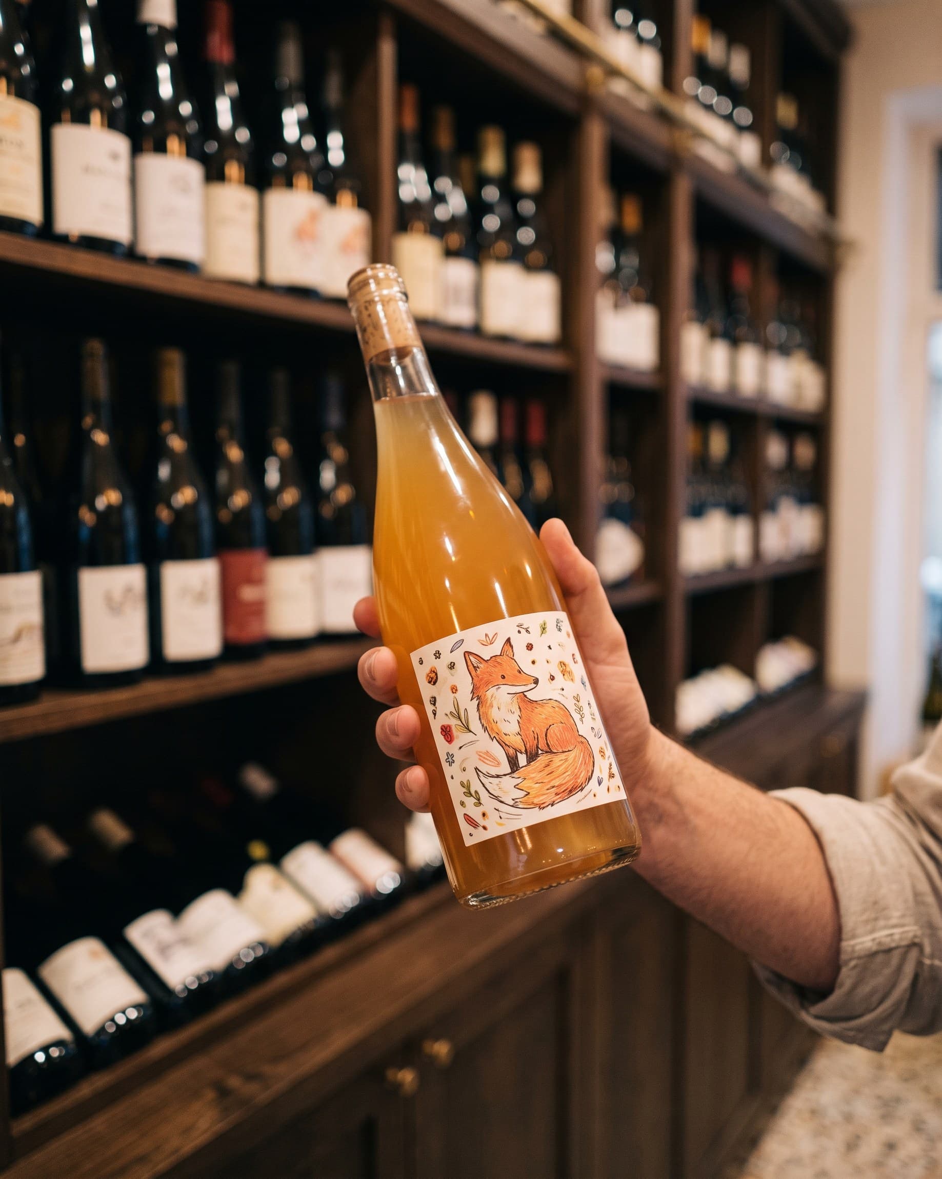 Une bouteille de vin orange à l'étiquette de renard, tenue devant les étagères