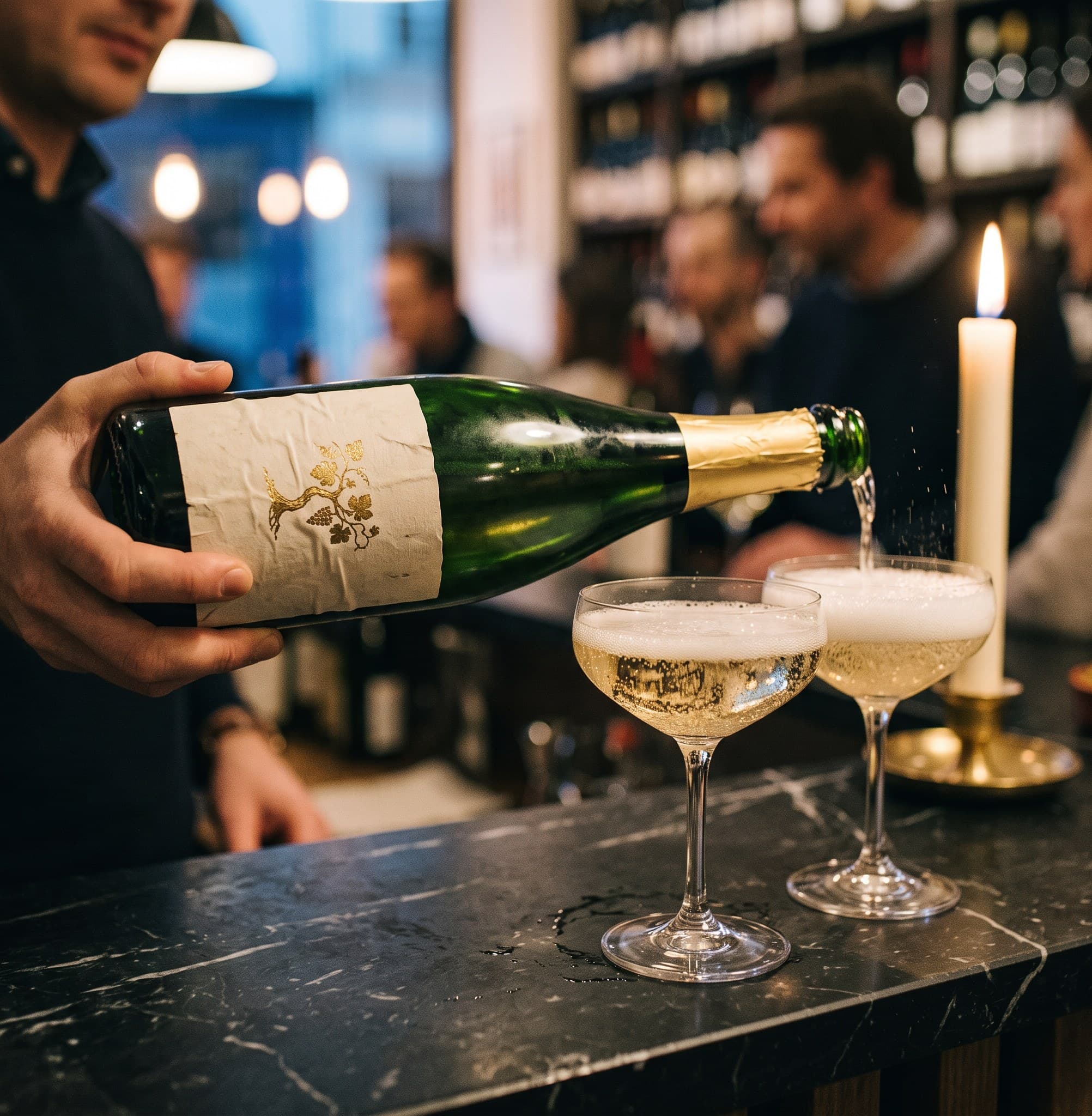Le champagne de vigneron versé dans deux coupes