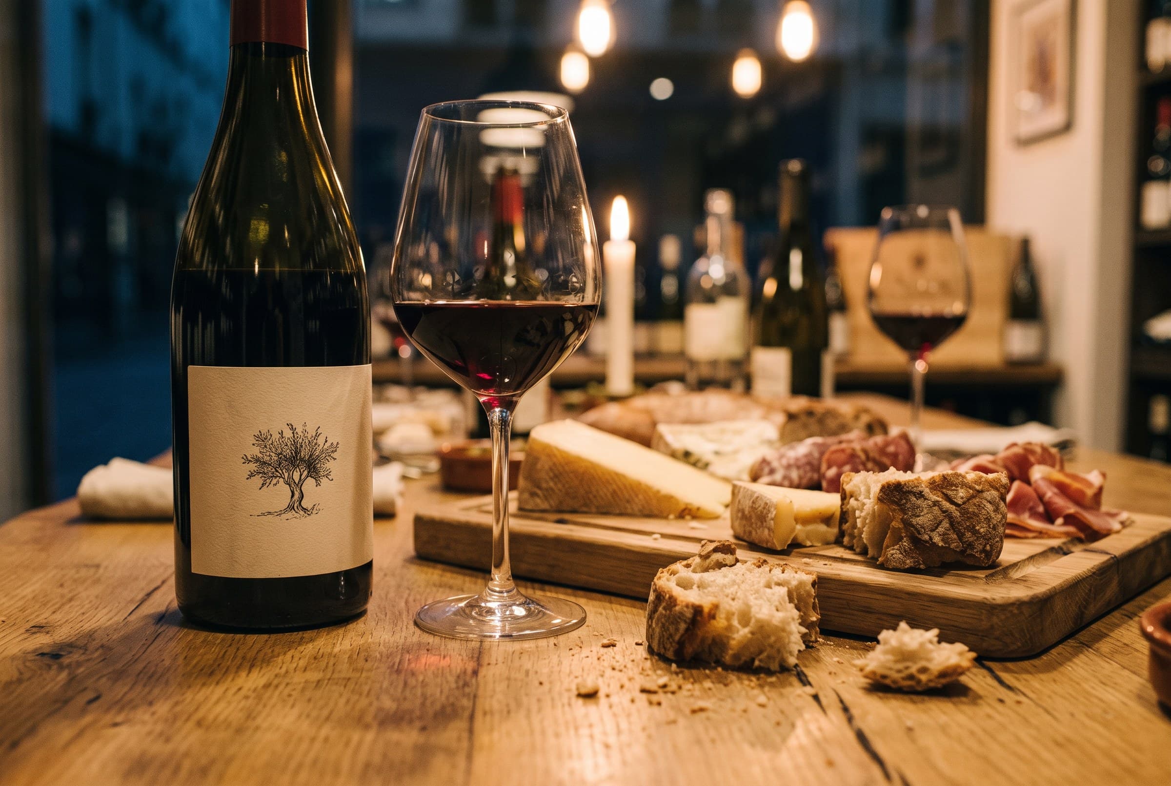 Une bouteille de Côtes-du-Rhône, un verre et une planche de charcuterie
