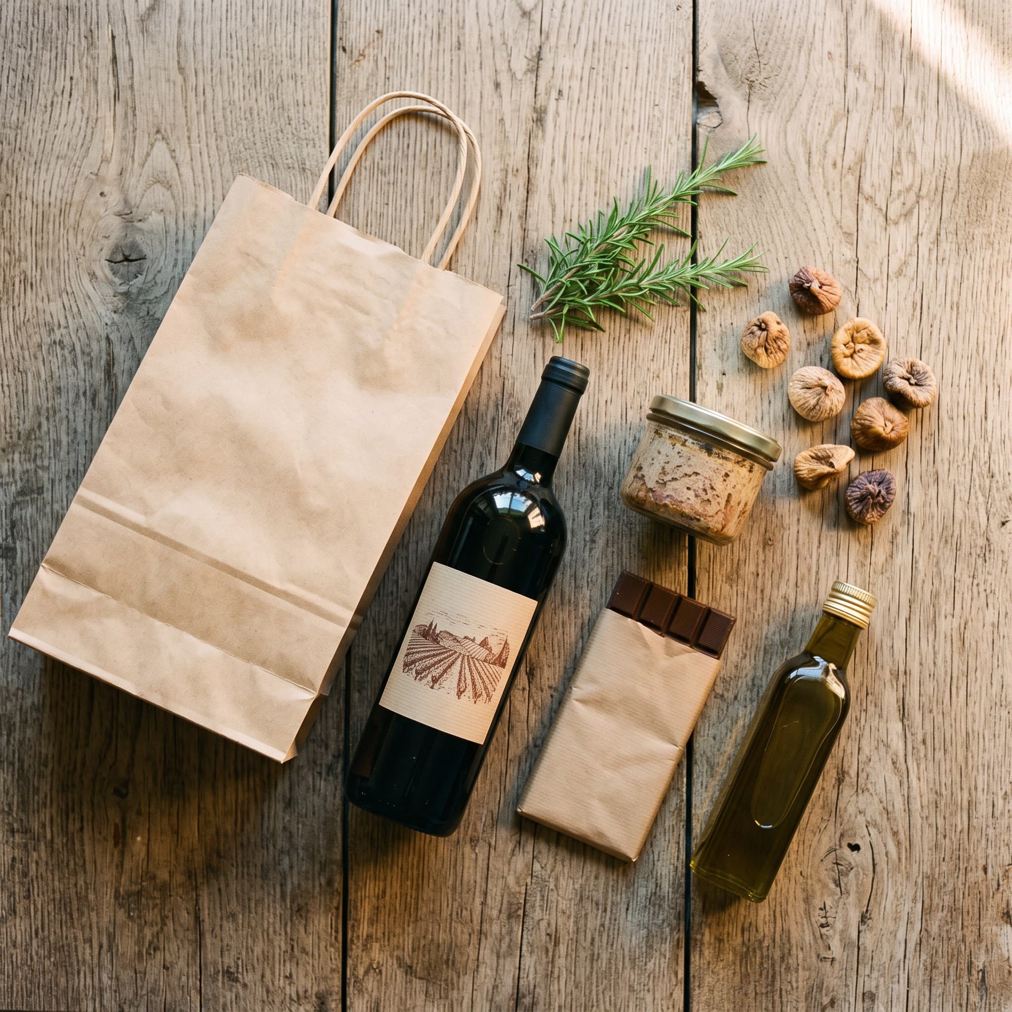 Le coffret gourmand : une bouteille, une terrine, du chocolat et une huile d'olive