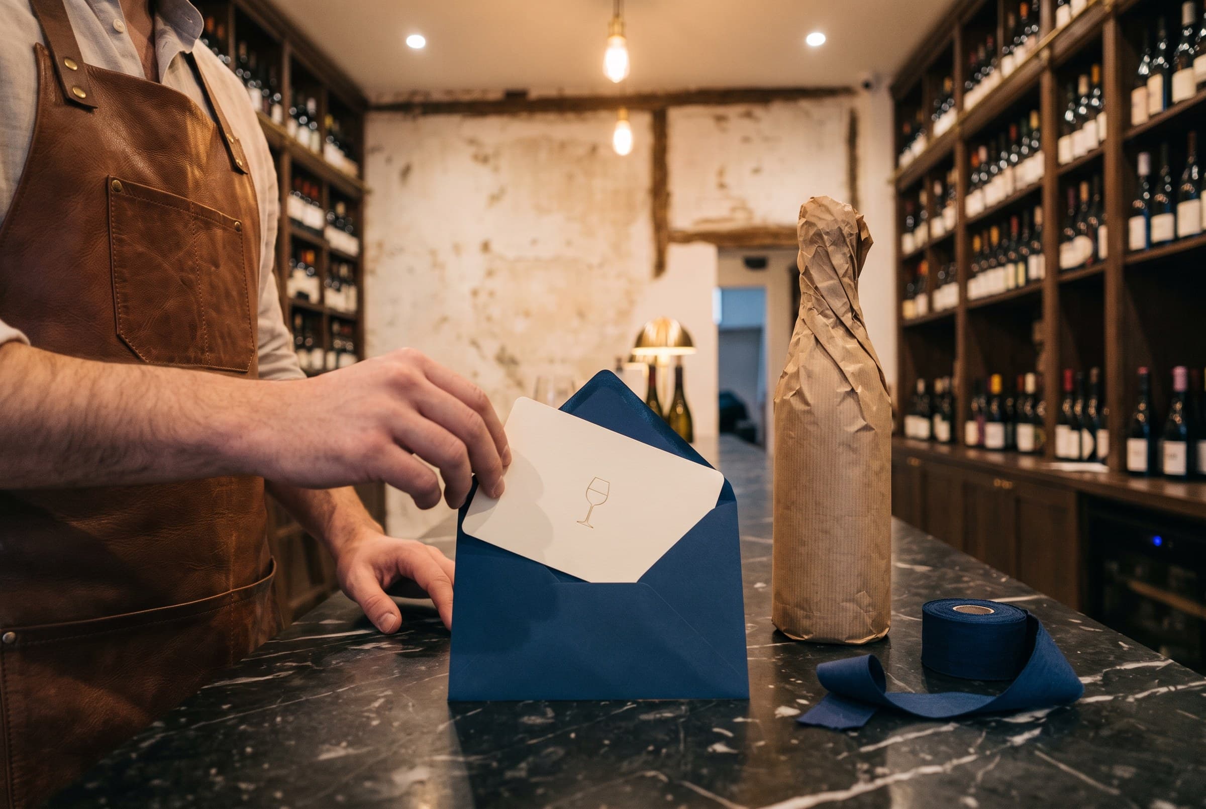 Une carte cadeau glissée dans son enveloppe bleu encre
