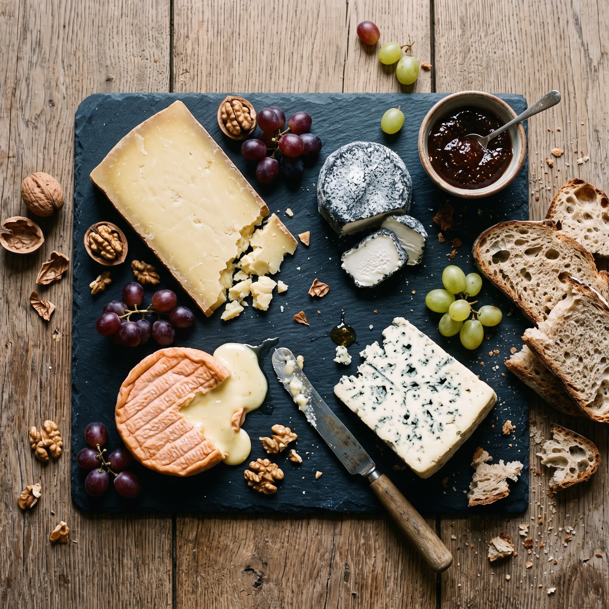 Un plateau de fromages affinés, raisins et noix