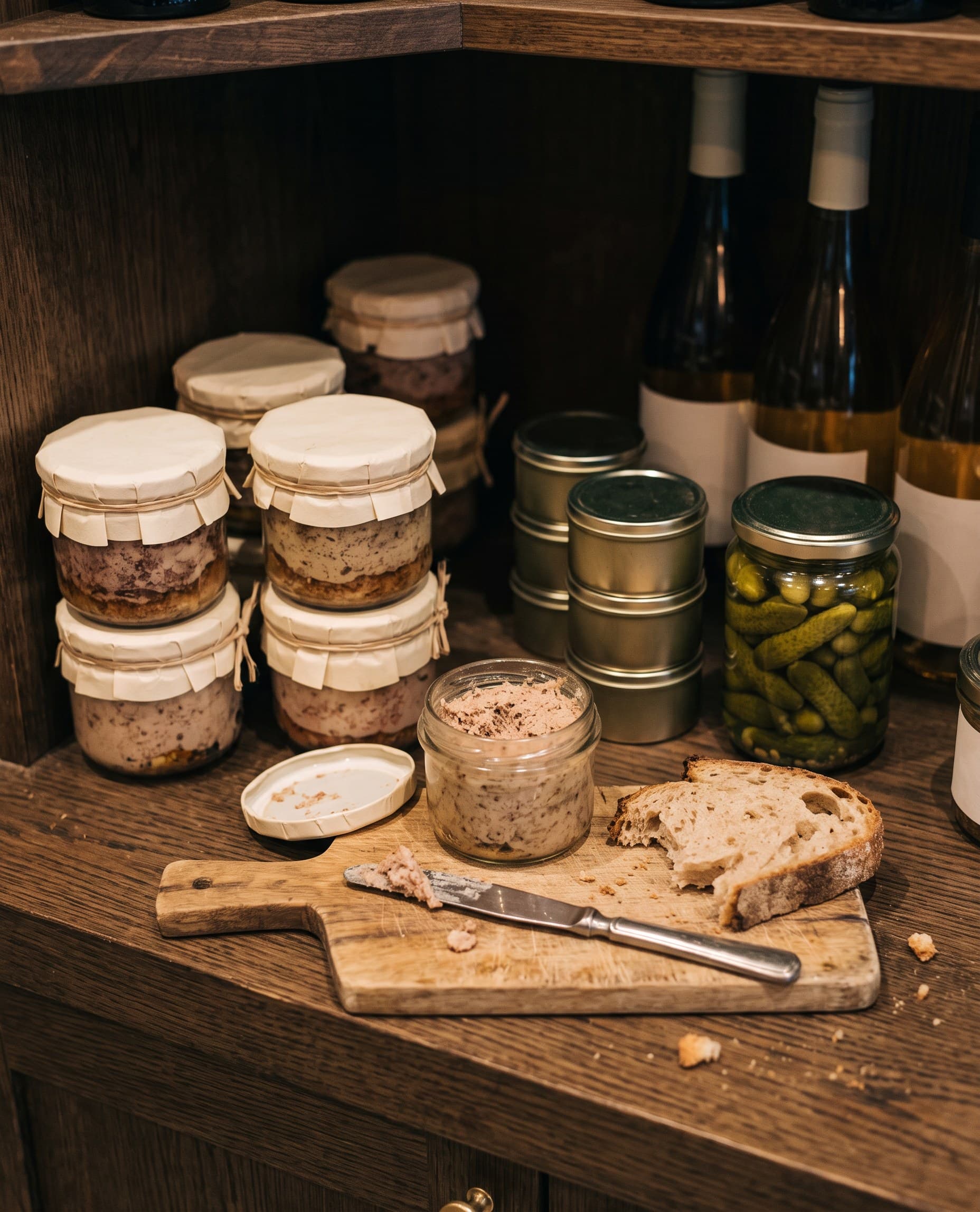 Des terrines et des rillettes en bocaux sur l'étagère