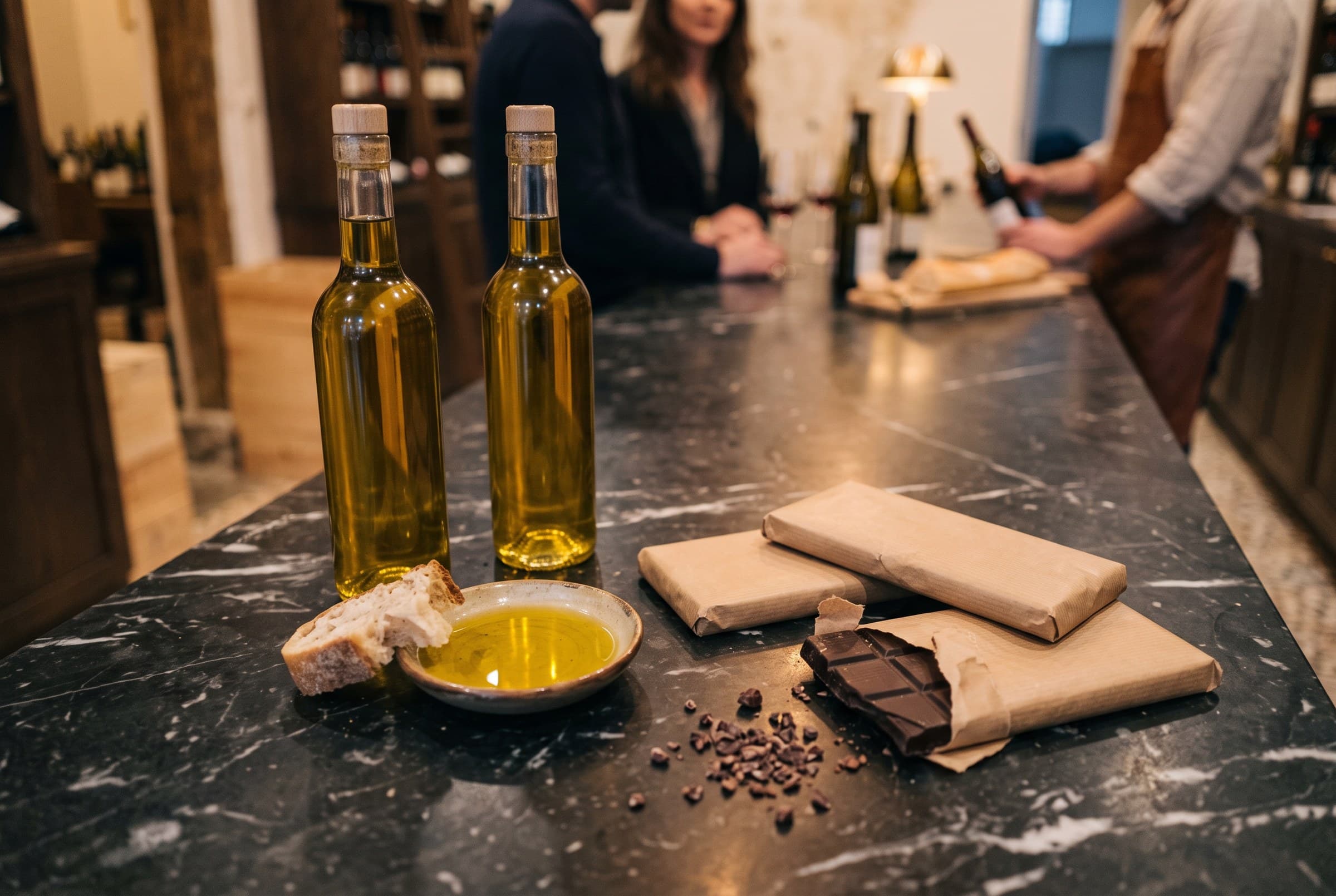 Des huiles d'olive et des tablettes de chocolat sur le comptoir