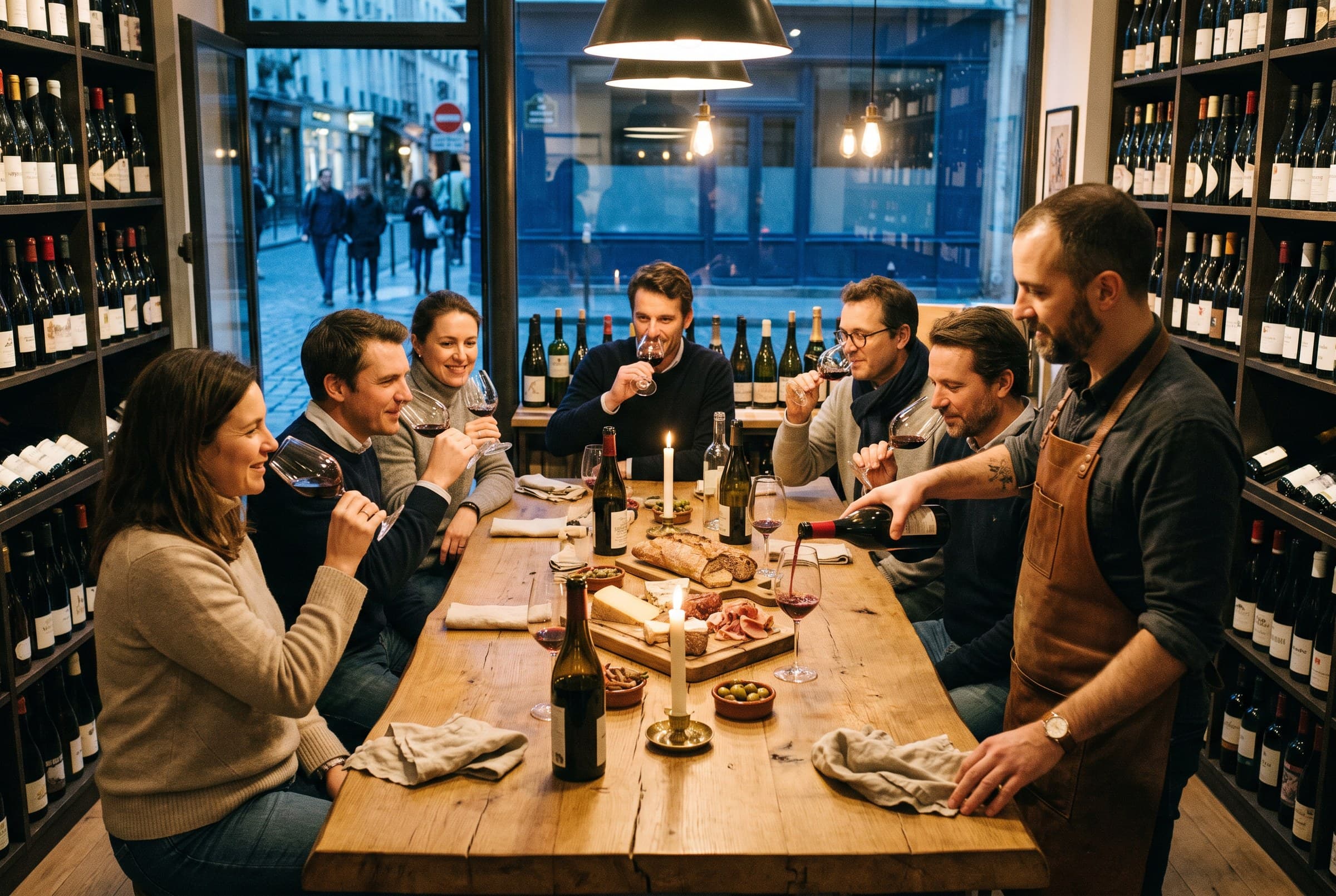 La dégustation du vendredi : Thomas sert le vin à une grande table d'amis