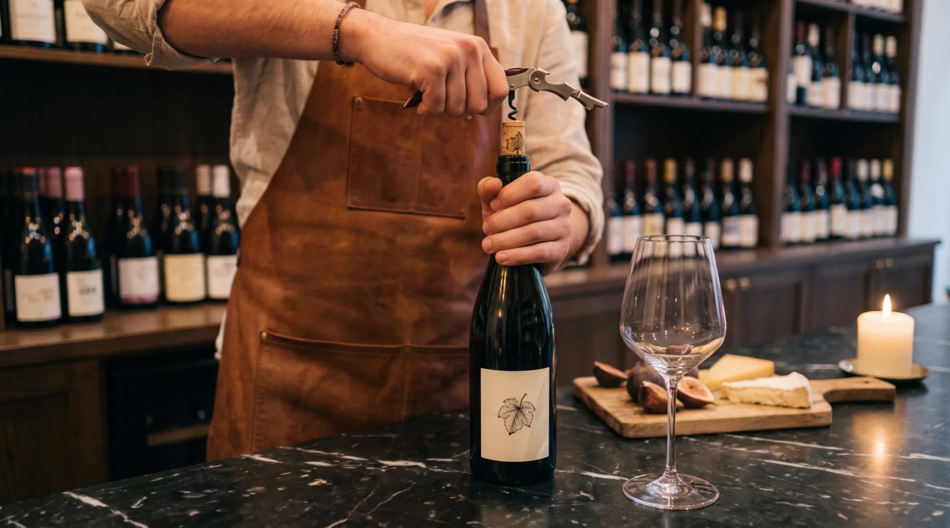 Thomas débouche une bouteille de rouge au comptoir, un verre attend à côté