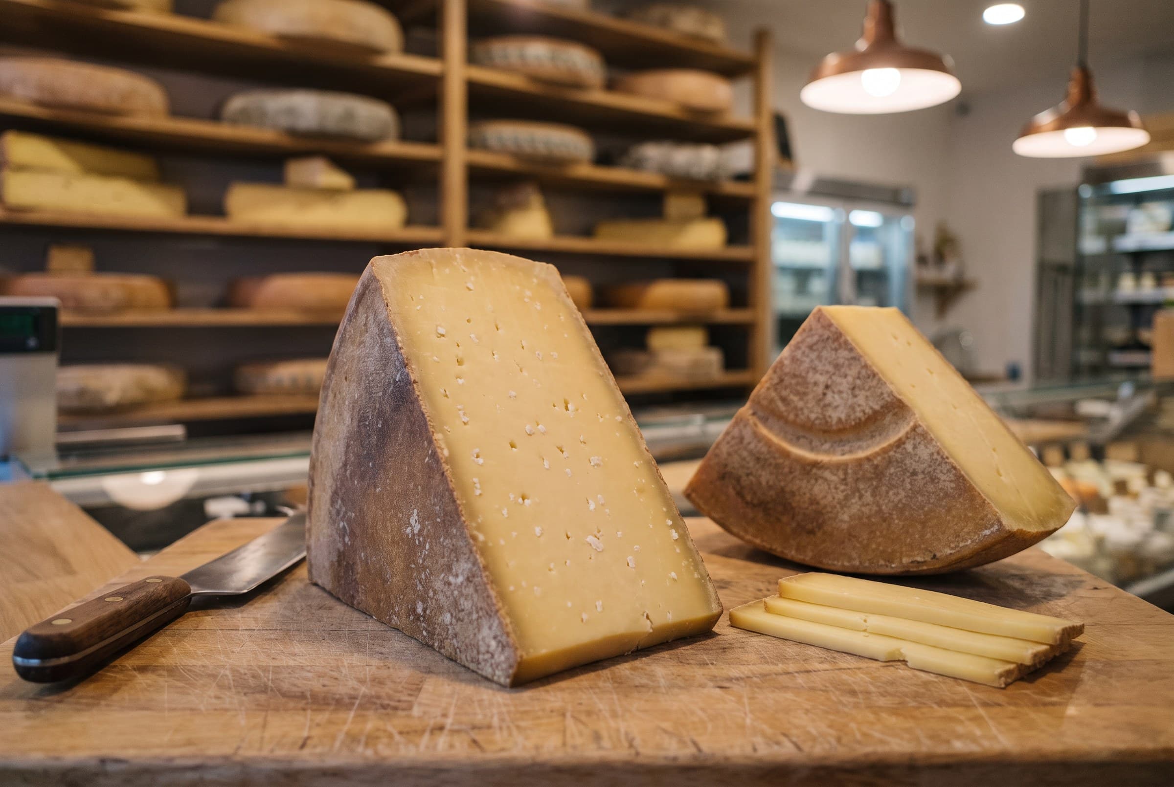 Un morceau de comté et une meule de beaufort entamée sur une planche