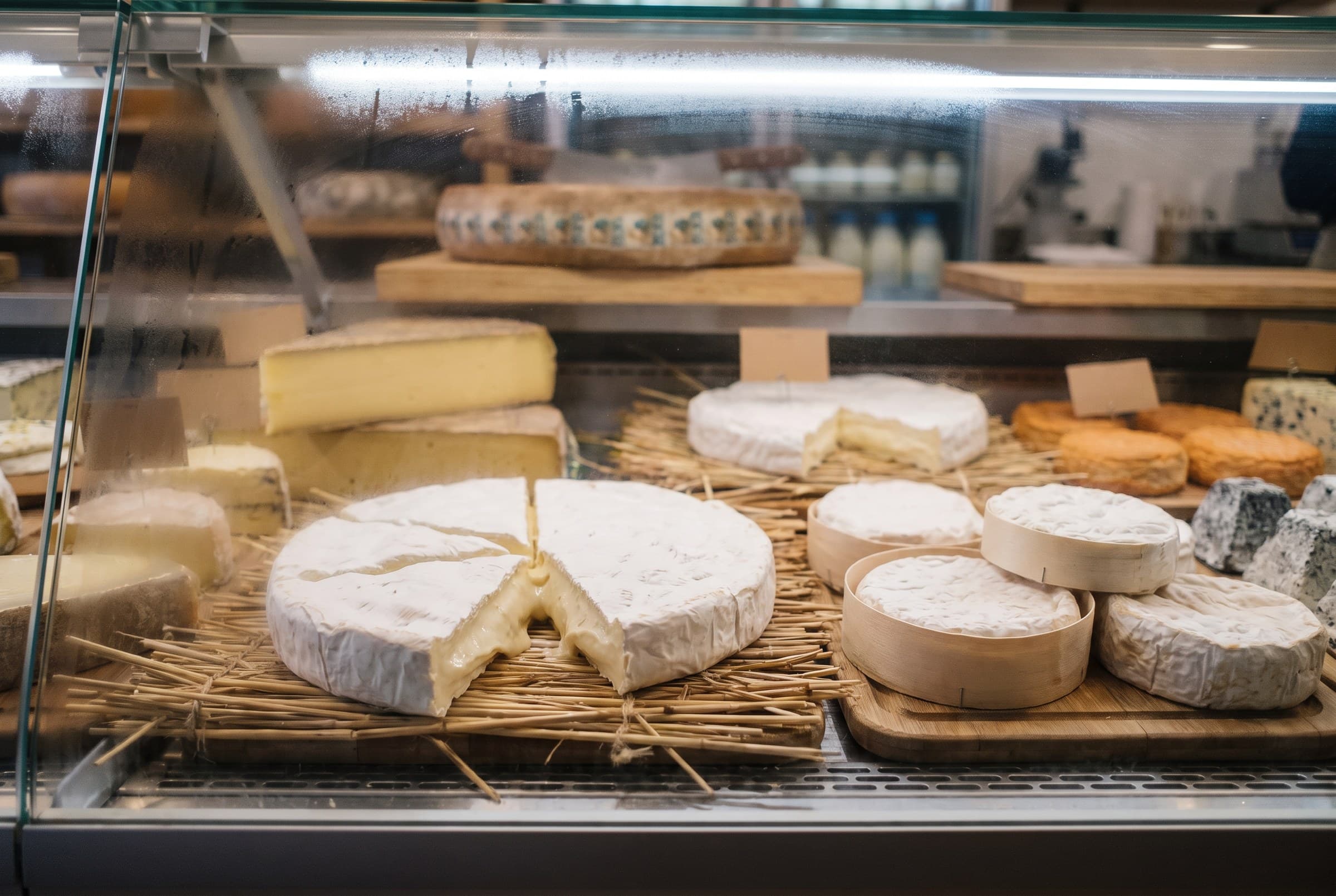Bries et camemberts dans la vitrine, sur un lit de paille