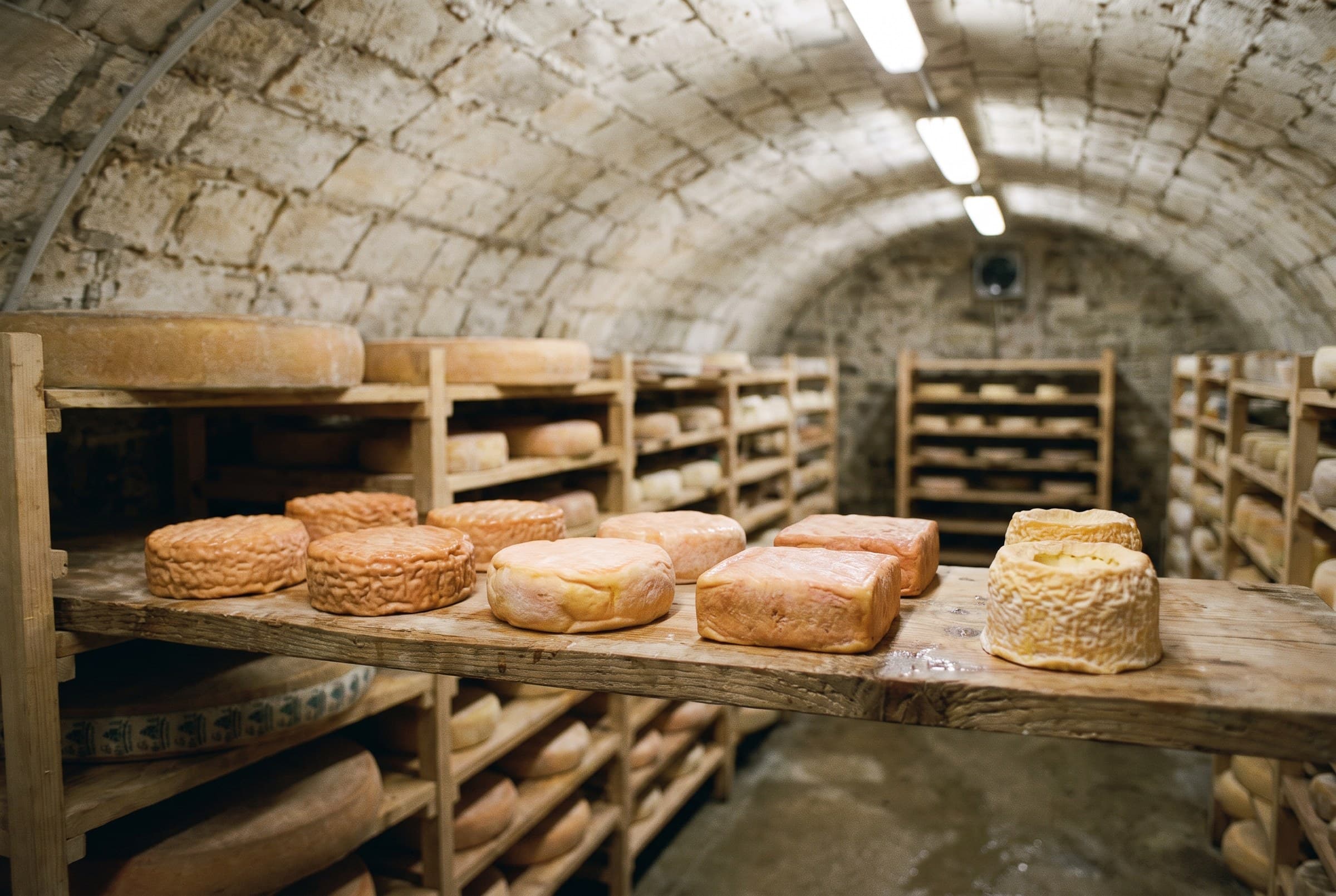 Des fromages à croûte lavée orangée sur une planche de la cave