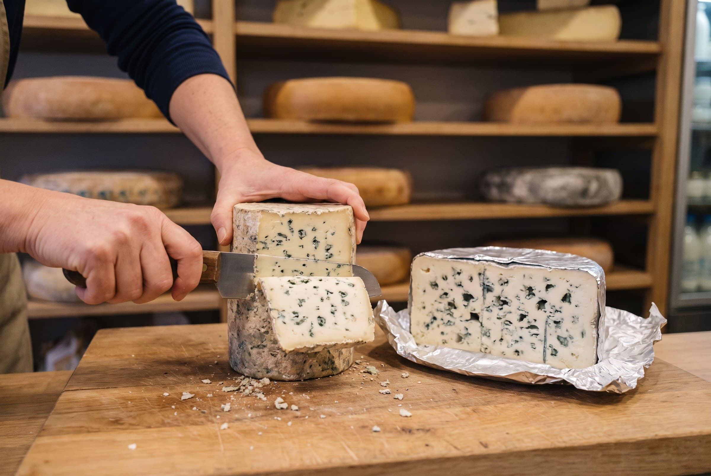 Une fourme d'Ambert coupée et un roquefort dans son papier