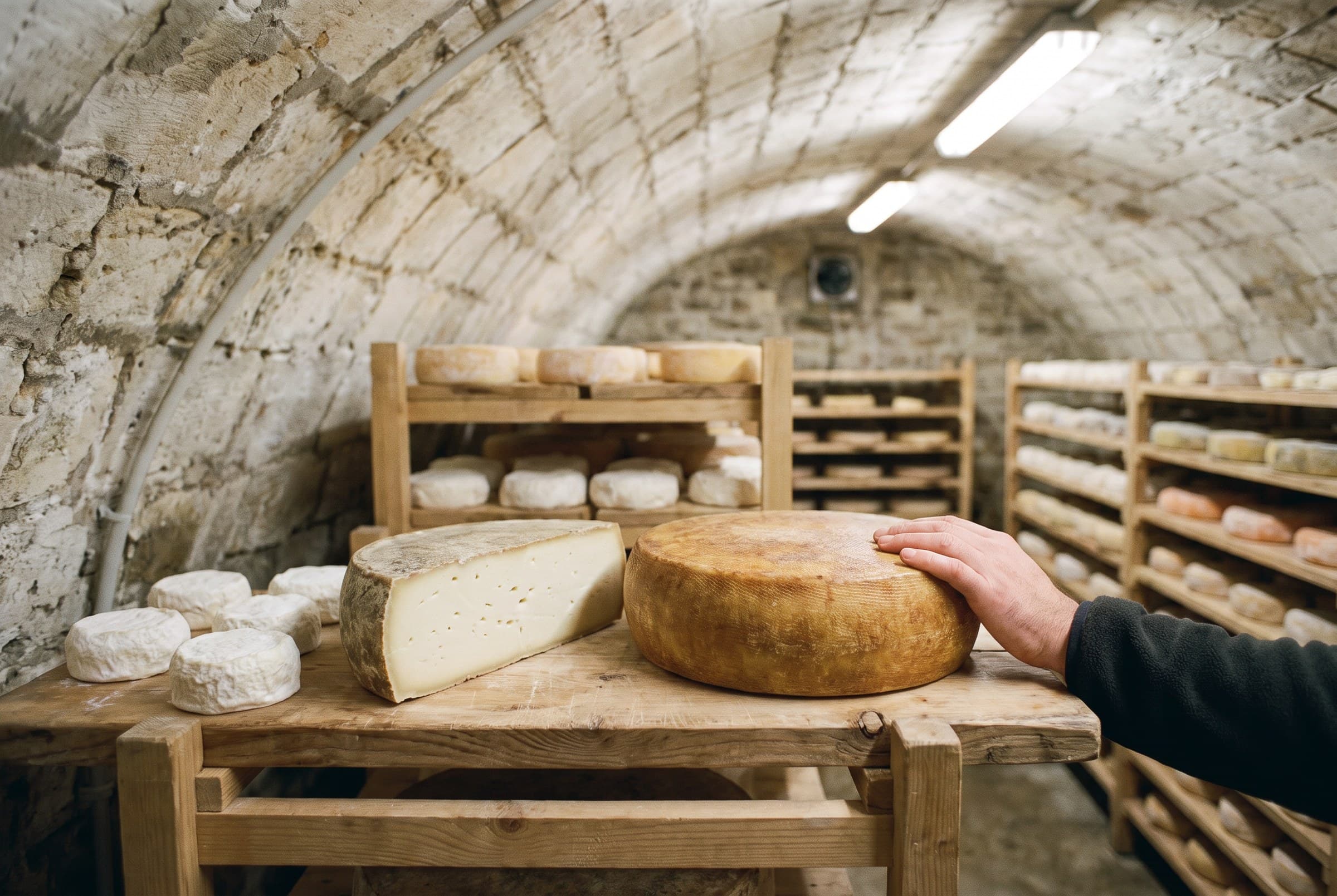 Une tomme de brebis et des pérails dans la cave voûtée