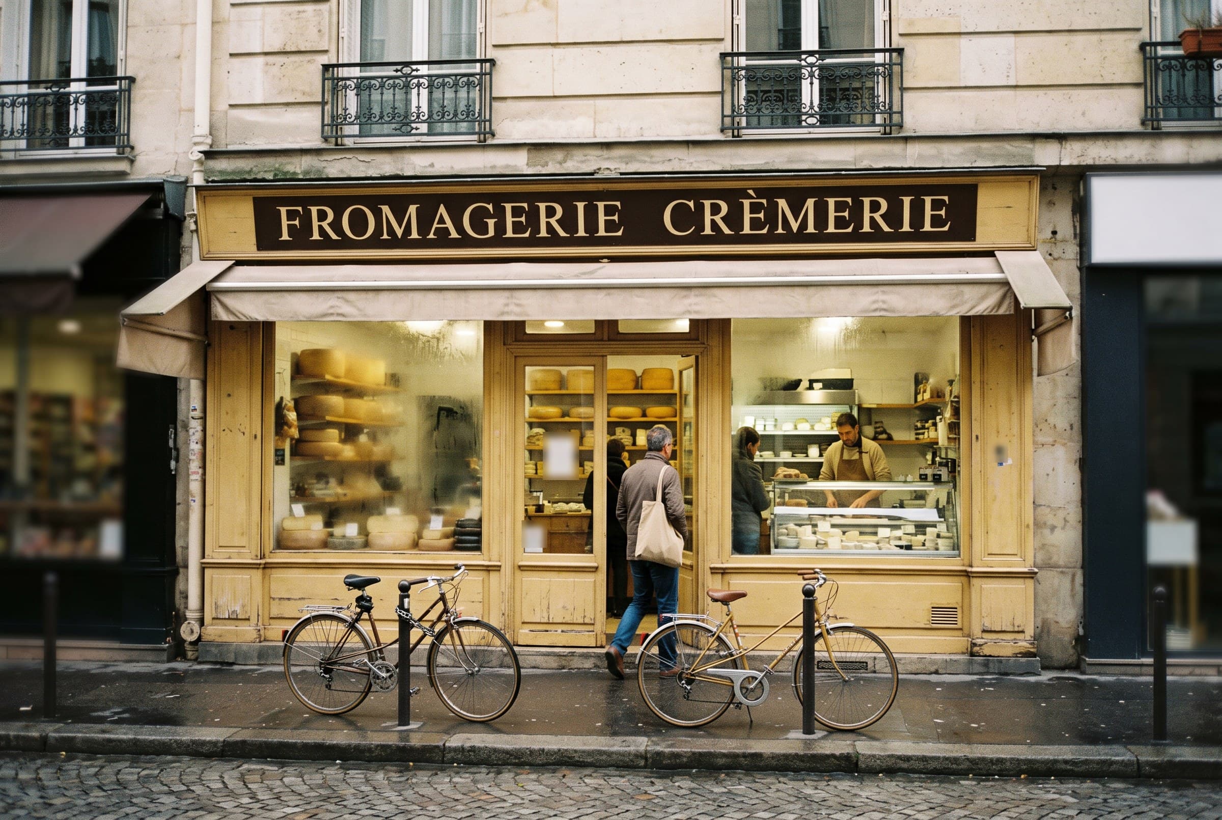 La devanture jaune paille « Fromagerie Crèmerie », deux vélos garés devant