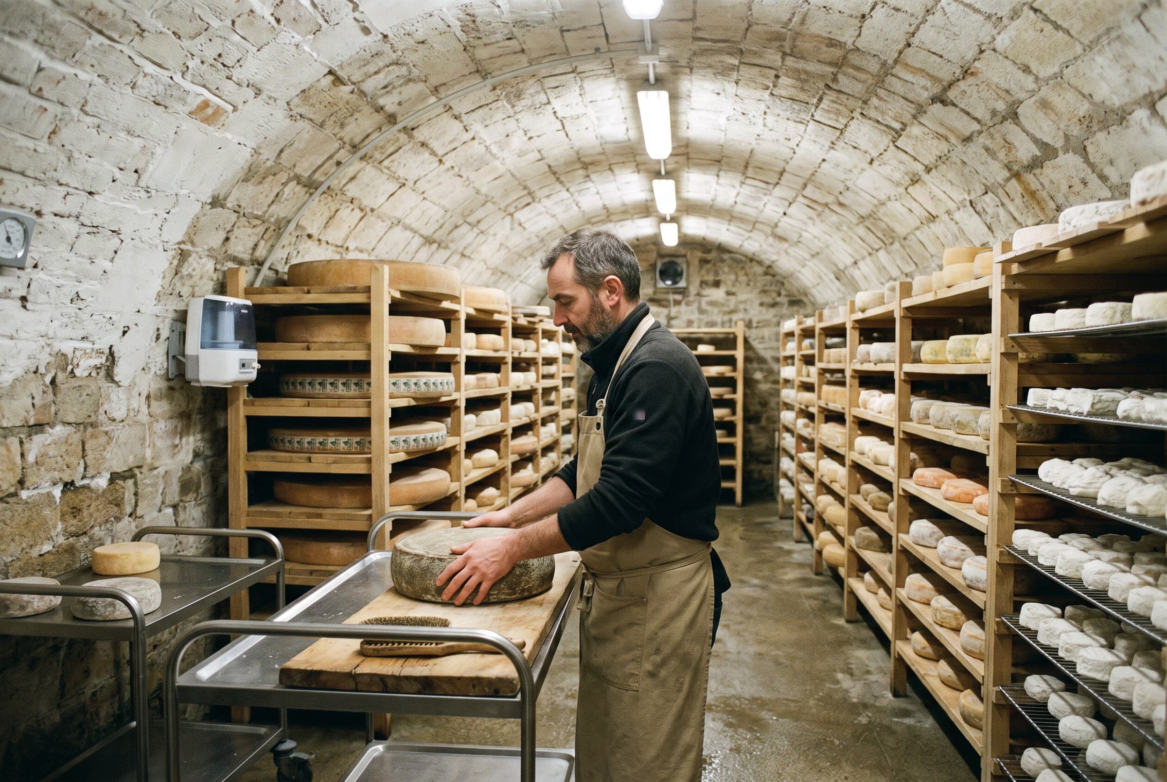 Mathieu retourne une tomme dans la cave d'affinage voûtée, entre les étagères de meules