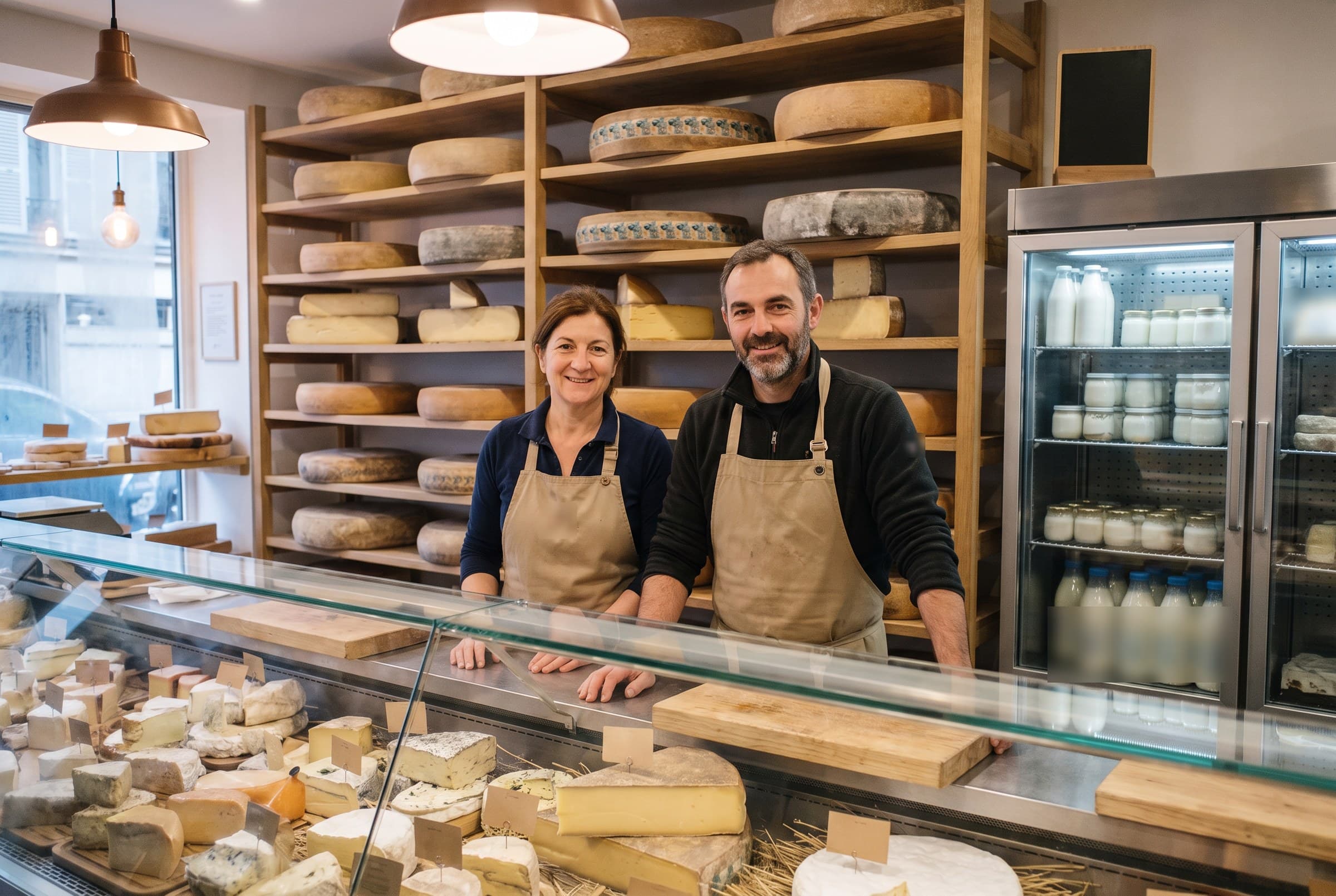 Claire et Mathieu, souriants, derrière le comptoir de la boutique