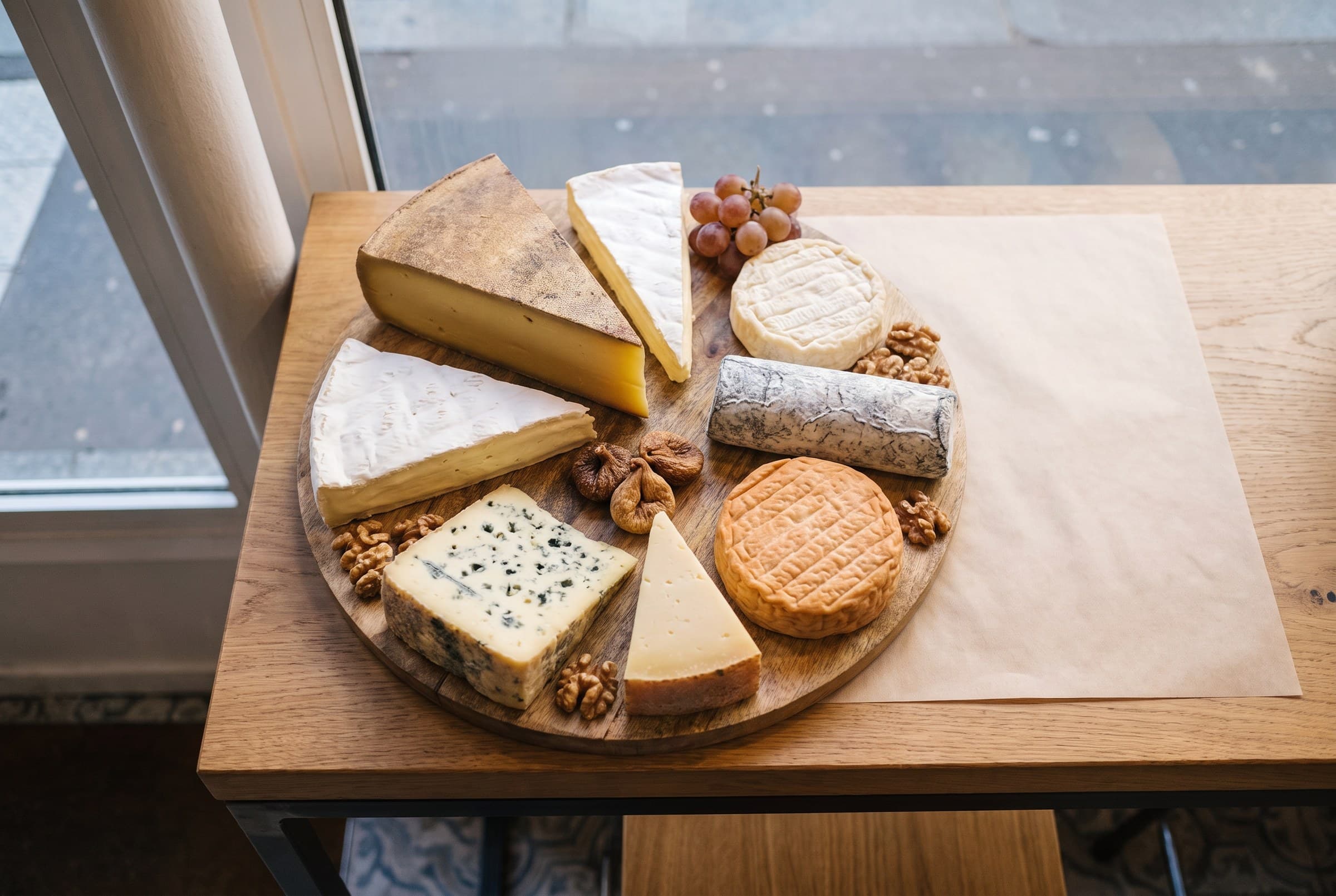 Un plateau de fromages pour six, avec noix et raisin