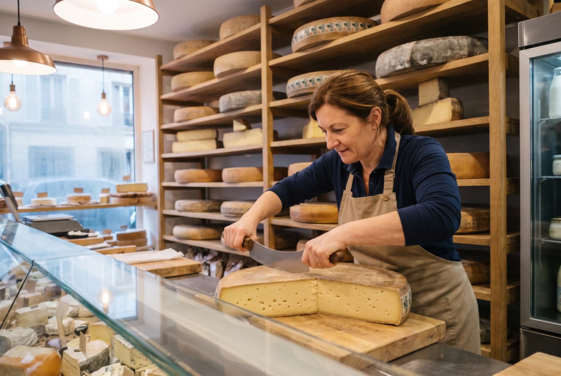 Claire coupe une meule de comté au comptoir de la boutique