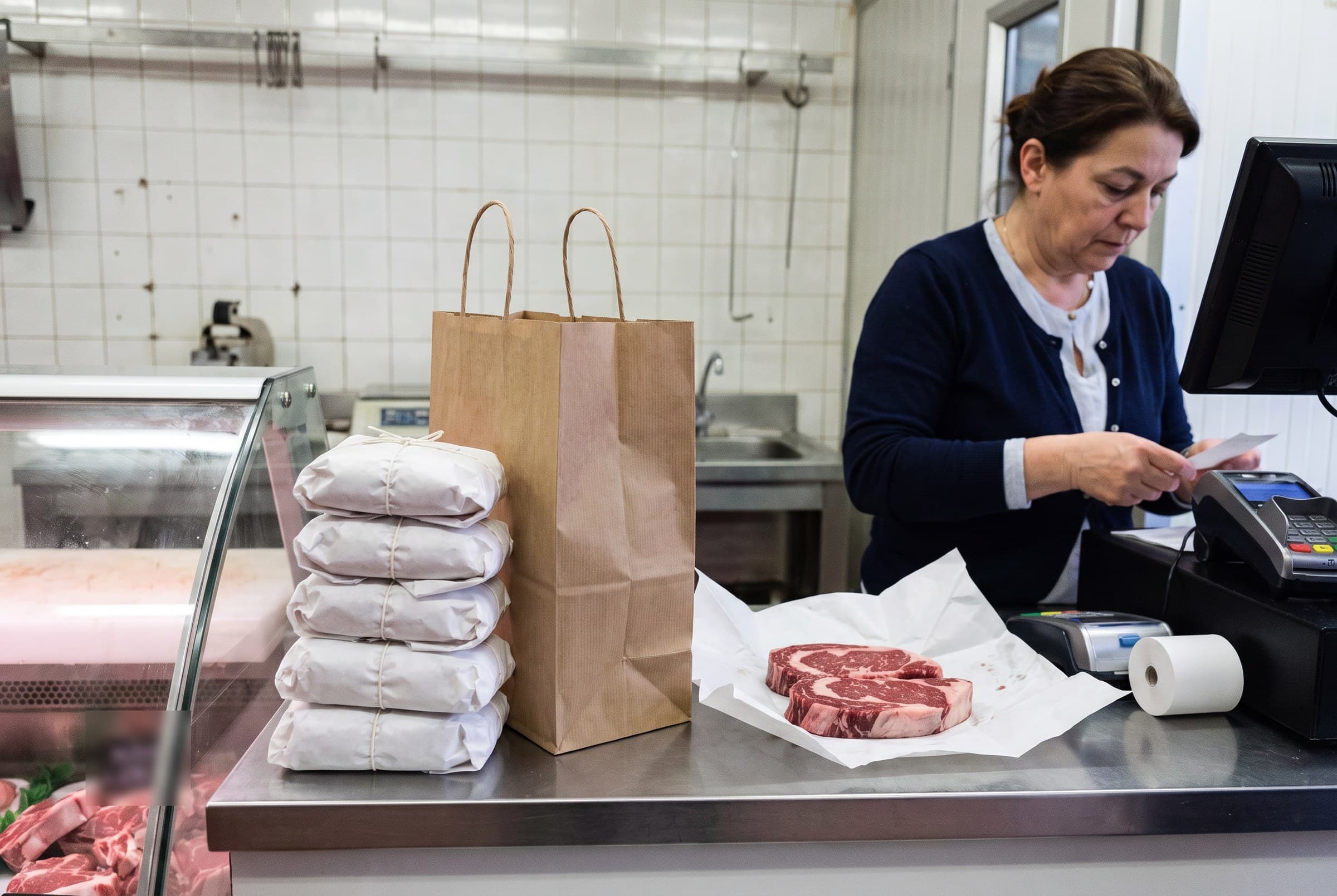 Un colis retiré à la caisse : des paquets de papier blanc ficelés, à côté d'un sac kraft