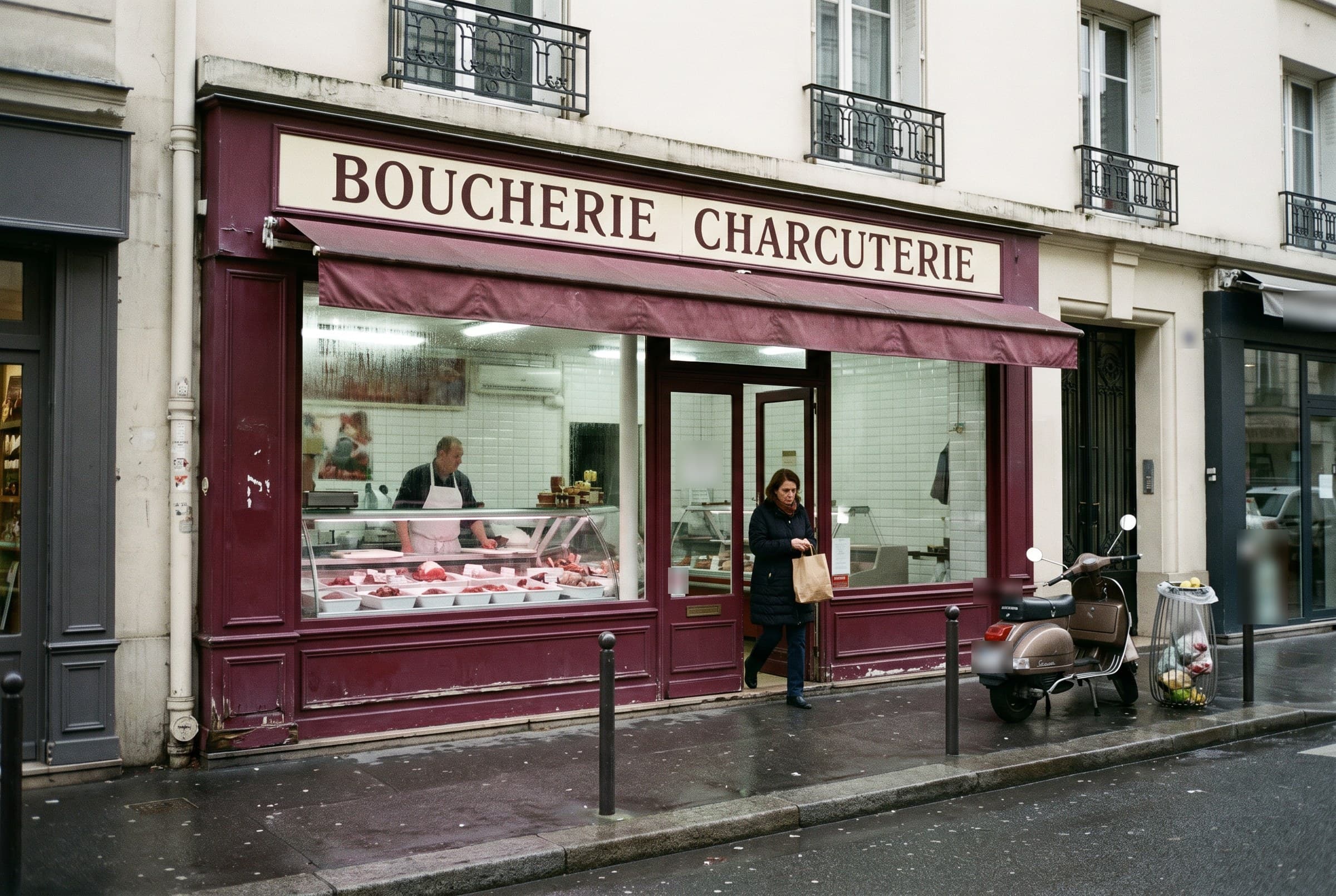 La devanture bordeaux « Boucherie Charcuterie » dans une rue parisienne