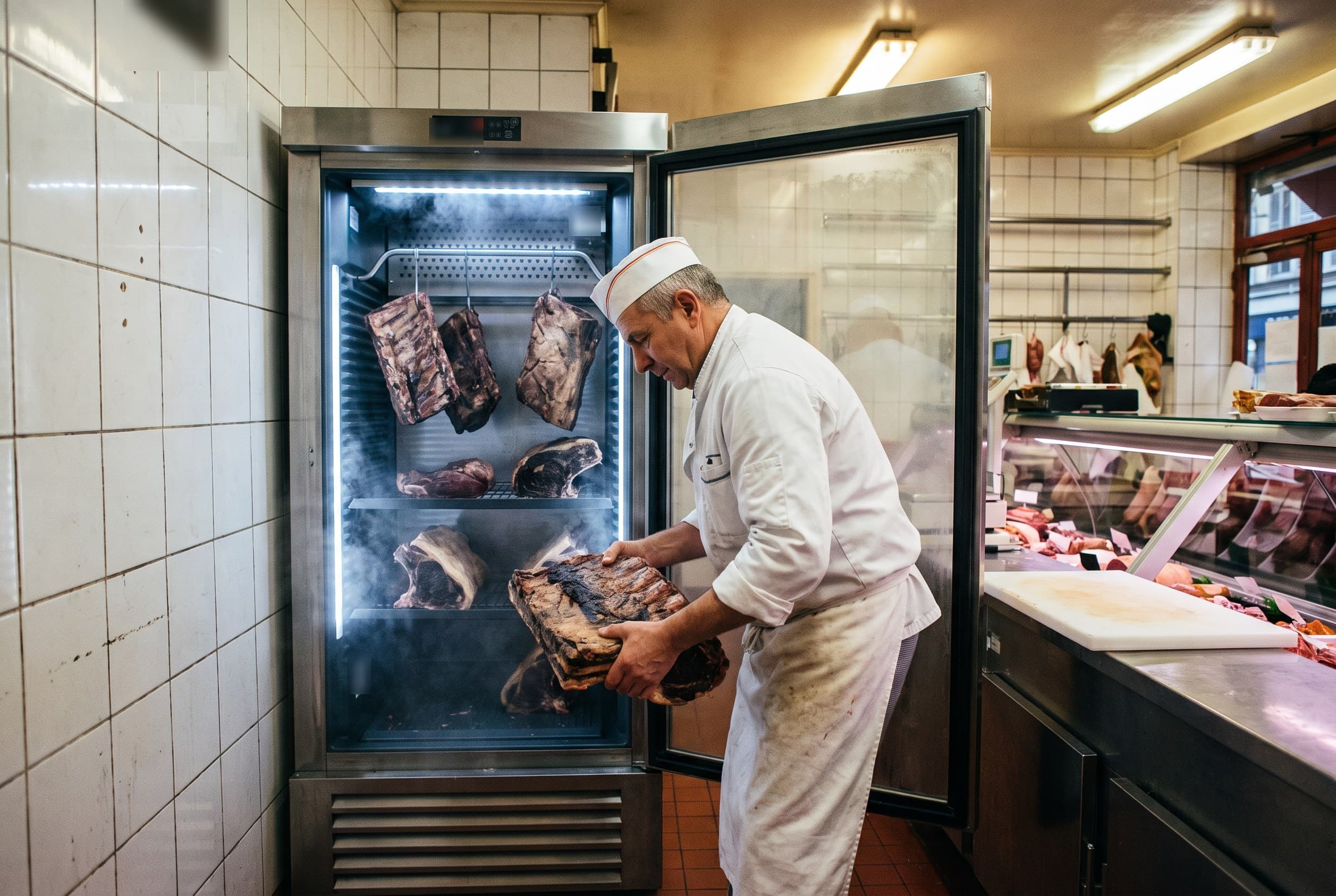 Laurent sort une côte de bœuf de l'armoire de maturation vitrée