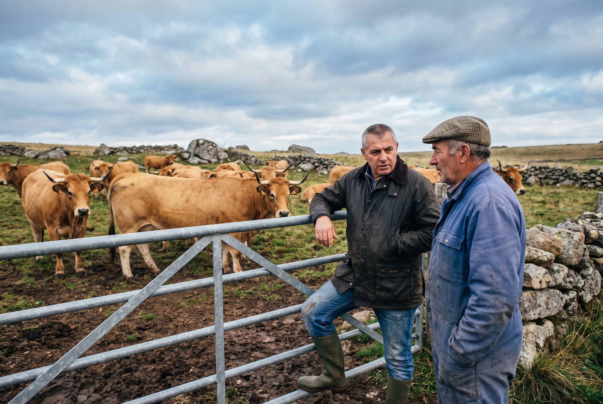 Laurent chez un éleveur, accoudé à la barrière, au milieu des vaches Aubrac