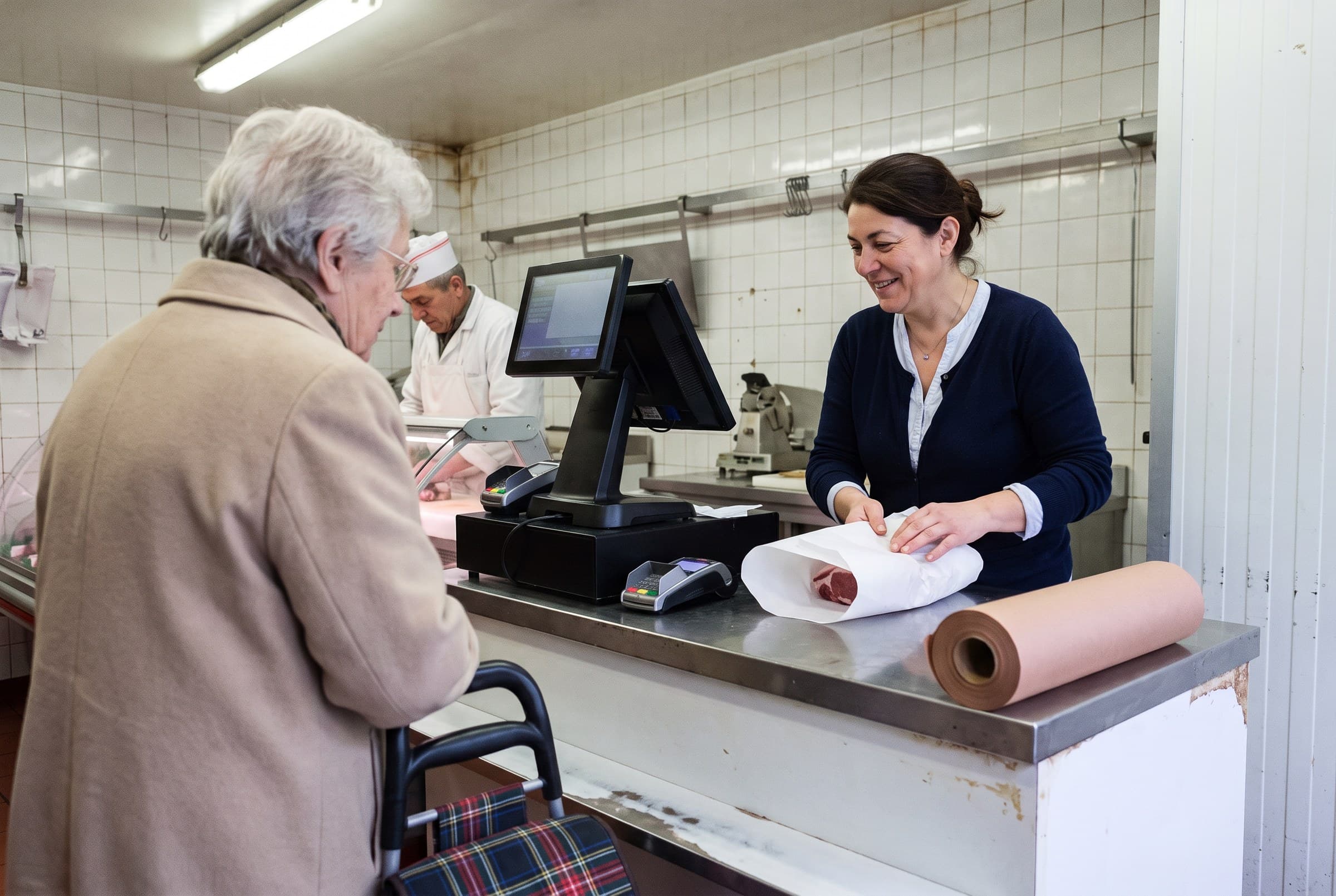 Sophie emballe la commande d'une habituée dans le papier de la maison