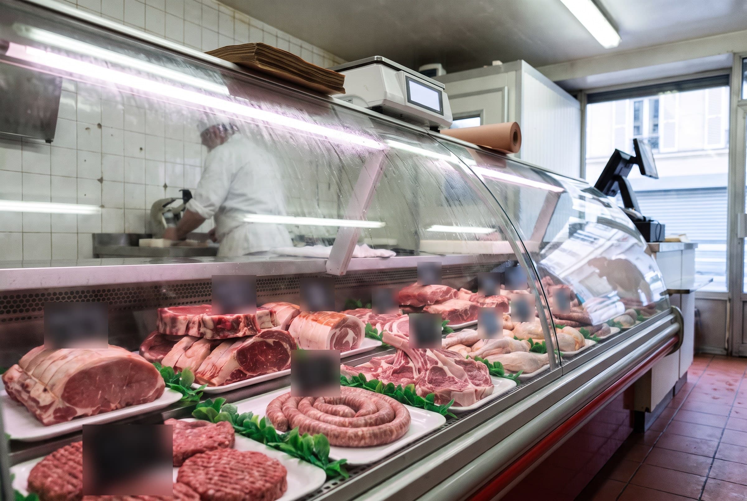 La vitrine réfrigérée sur toute sa longueur : rôtis, côtes, saucisses et volailles