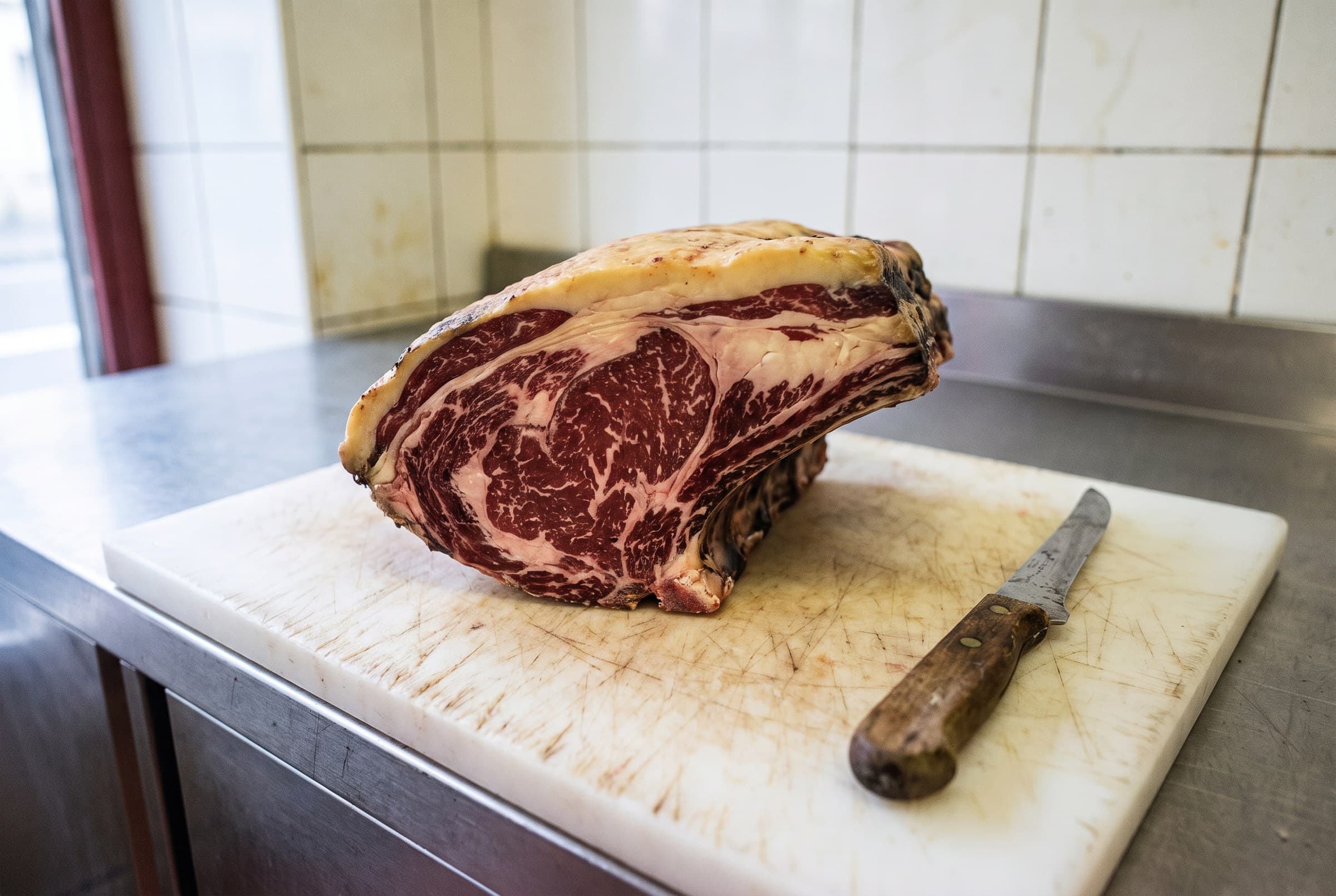 Une côte de bœuf Aubrac maturée sur une planche, un couteau à côté