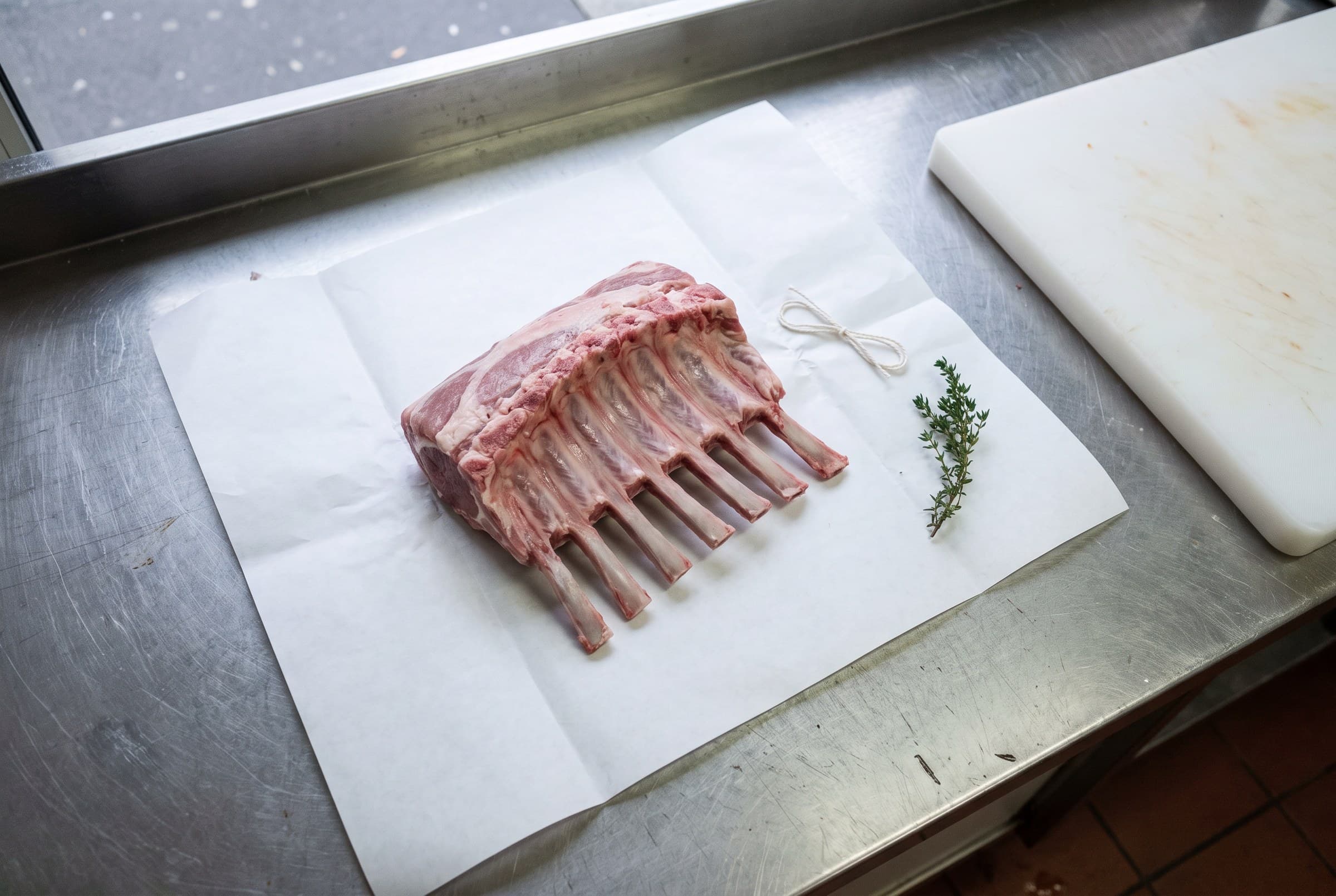 Un carré d'agneau paré sur du papier boucher, avec un brin de thym