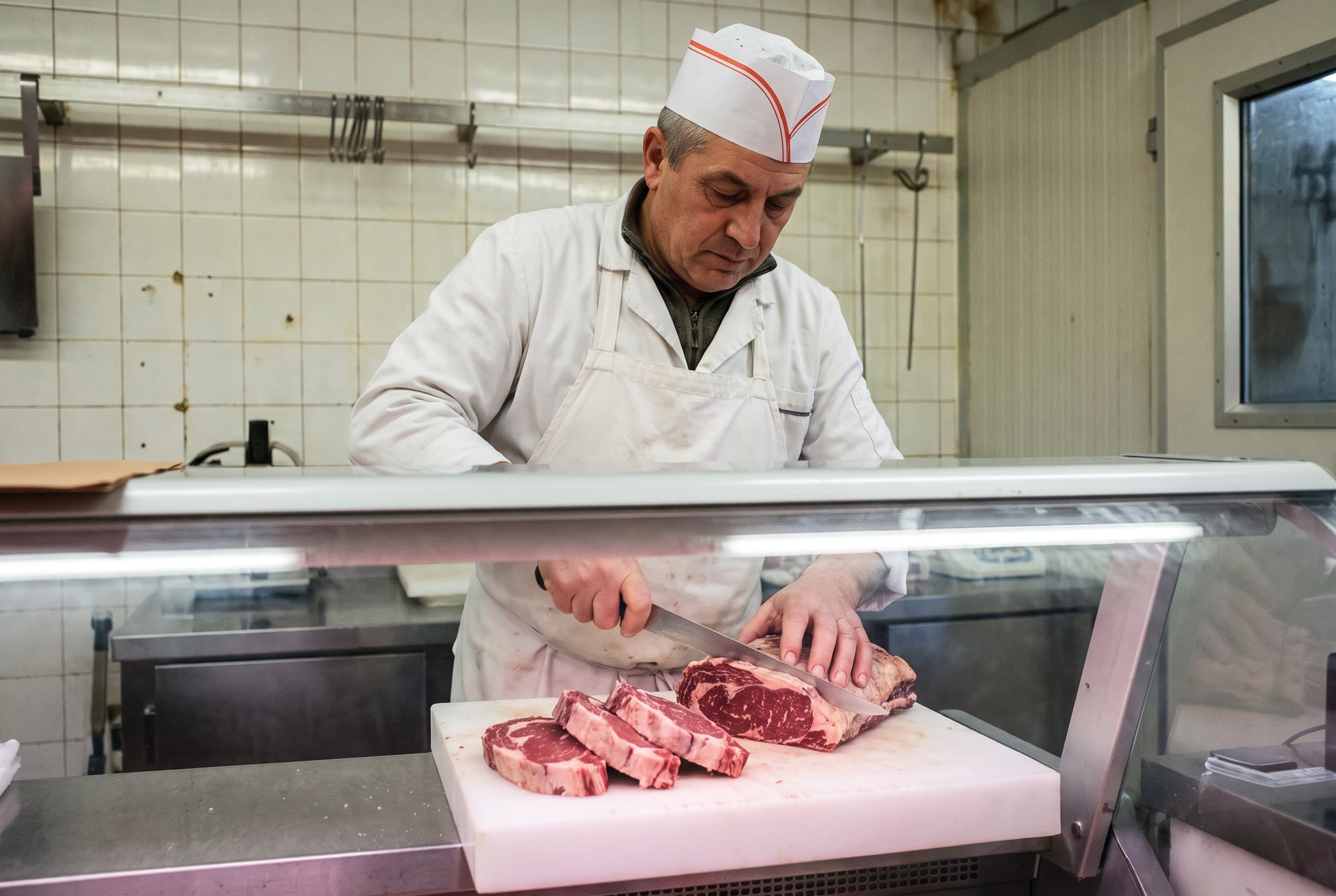 Laurent taille des entrecôtes au billot