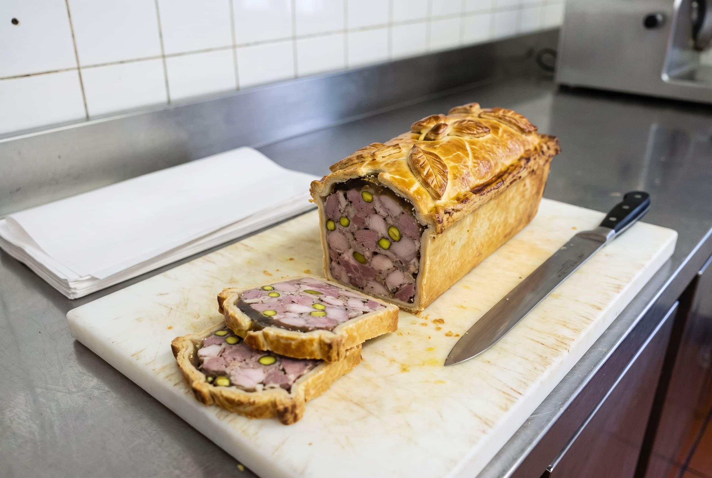 Un pâté en croûte entamé, deux tranches posées sur la planche