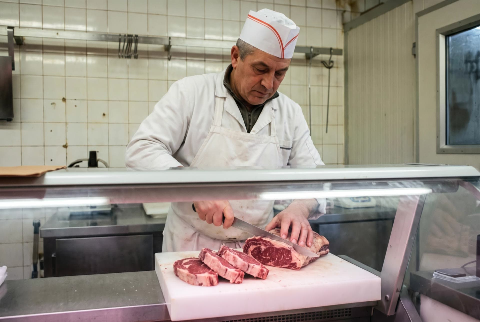 Laurent tranche une entrecôte au billot, derrière la vitrine