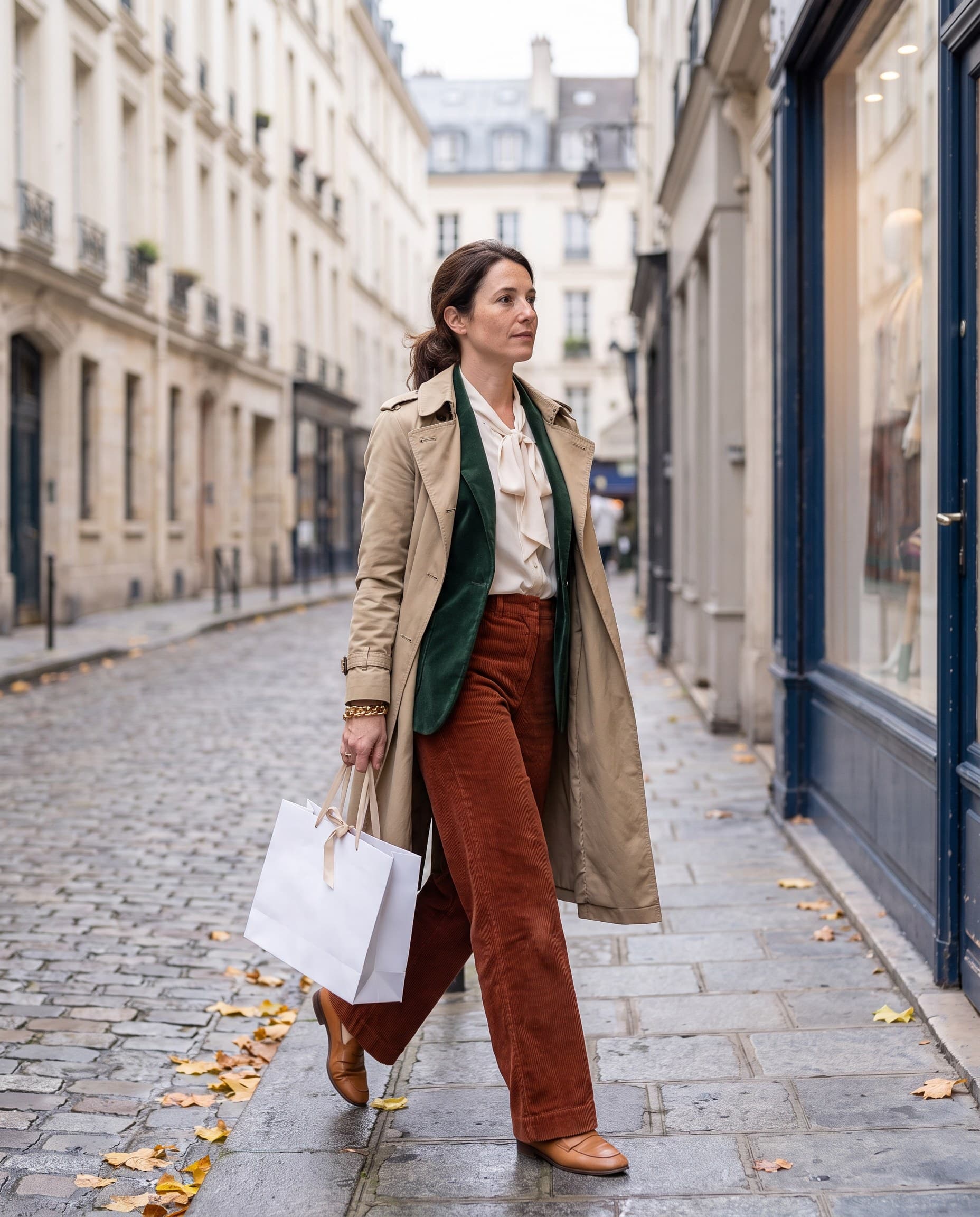 Look : pantalon en velours rouille, blazer en velours vert et trench