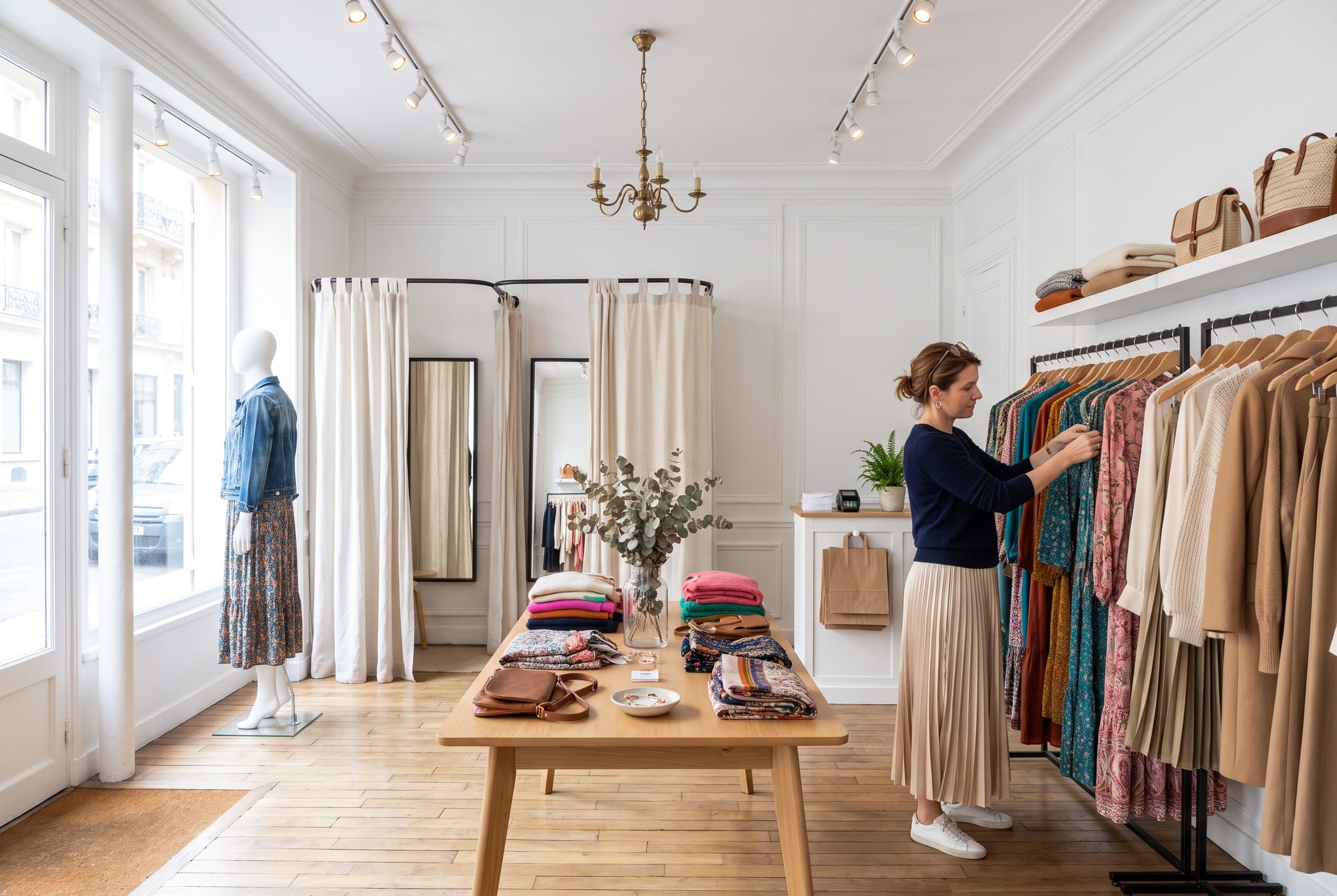 La boutique en plan large : les portants, la table de mailles, et Claire au portant
